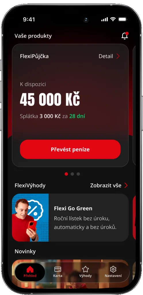 FlexiFin app home screen with the credit product, transfer button and benefits