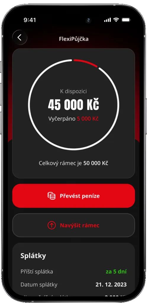 FlexiFin app: available credit limit with a transfer button and the next instalment