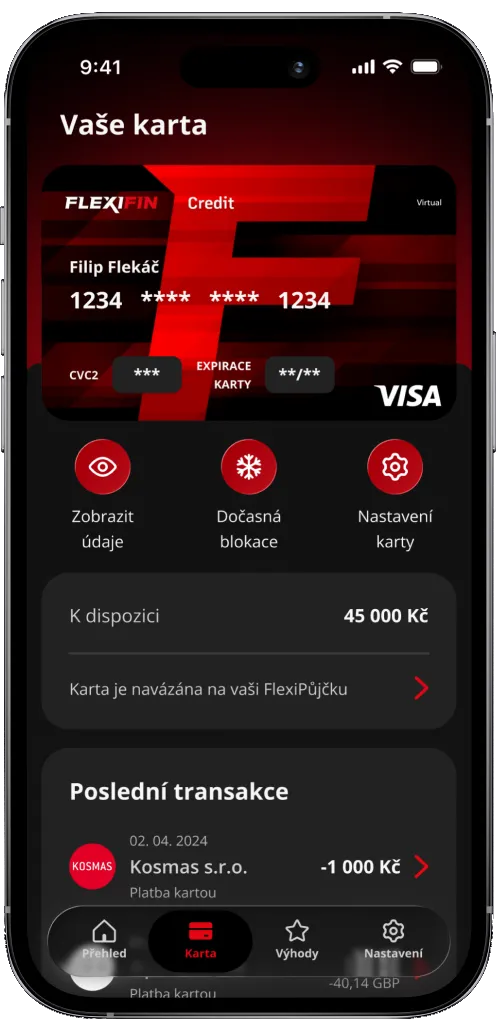 FlexiFin app: virtual payment card with settings and recent transactions