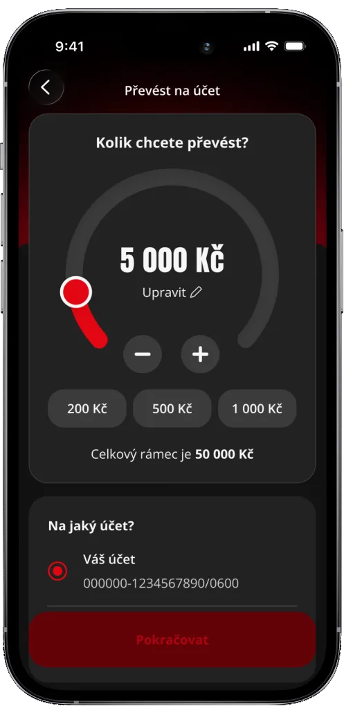 FlexiFin app: transferring money to a bank account with an amount dial