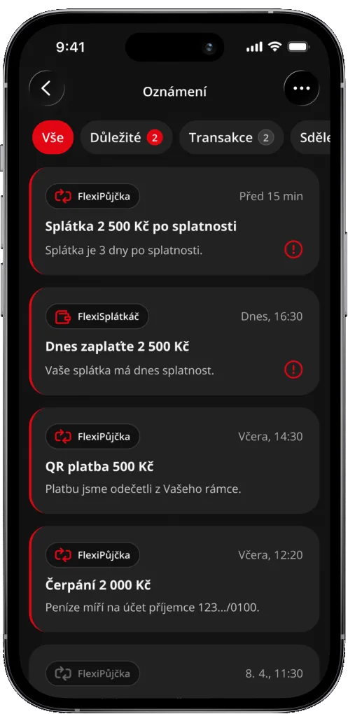 FlexiFin app: notification centre with payment reminders