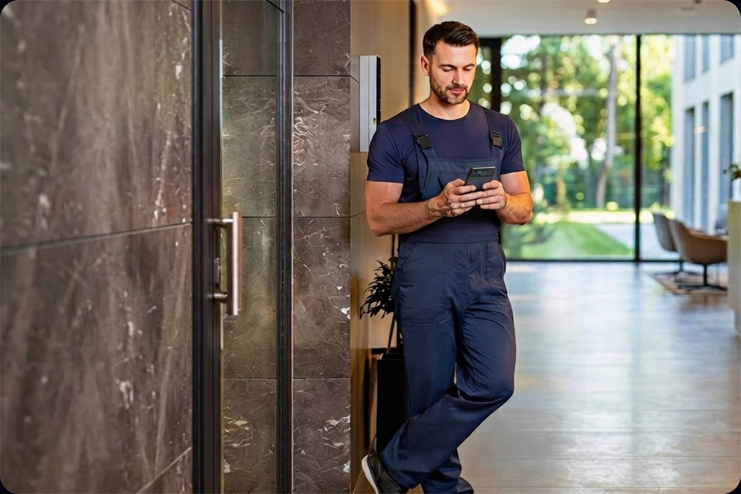 A technician in overalls using the 2N app on their phone next to an intercom