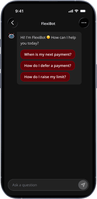 FlexiFin chatbot running on a phone