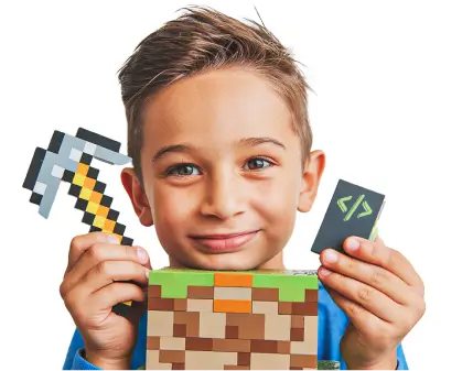 Child holding Minecraft-themed items, symbolizing learning through play.