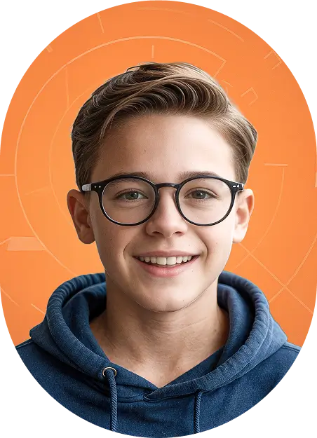 A happy 14-year-old boy with short, light brown hair and round glasses, wearing a blue hoodie, smiling in front of an orange, futuristic background with faint geometric patterns.