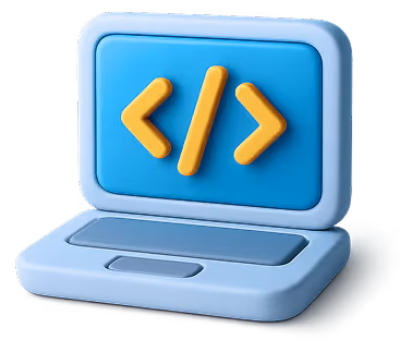 A 3D illustration of a computer with a monitor displaying coding symbols, set against a blue background. The scene has a modern, digital look with vibrant colors and clean lines.