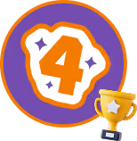 Badge with orange number 4 inside a white and orange border on a purple background, accompanied by a small golden trophy.