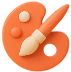 Orange artist's palette with three paint dabs and a beige paintbrush resting on it.