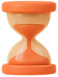 A small orange hourglass timer with sand partially settled at the bottom and some still in the top chamber.
