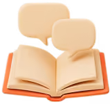 Open book with two beige speech bubbles rising above it, symbolizing communication or discussion related to reading or knowledge.