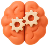 Illustration of an orange human brain with two beige gear wheels inside, representing cognitive processes or mental functioning.