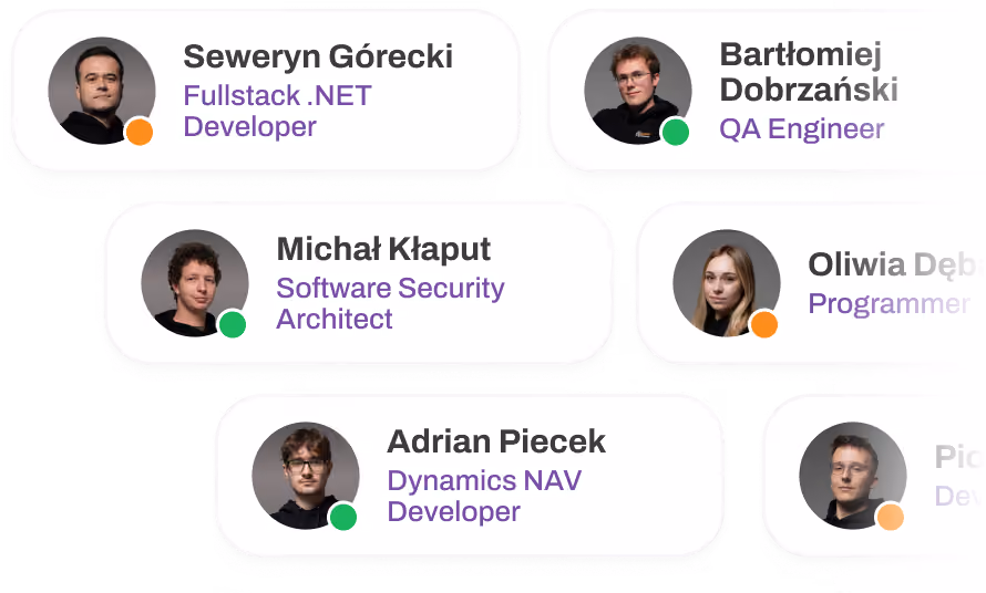 Profile cards of six software professionals with photos, names, job titles, and status indicators: Seweryn Górecki, Fullstack .NET Developer with orange status; Bartłomiej Dobrzański, QA Engineer with green status; Michał Kłaput, Software Security Architect with green status; Oliwia Dęba, Programmer with orange status; Adrian Piecek, Dynamics NAV Developer with green status; and a partially visible male developer with orange status.