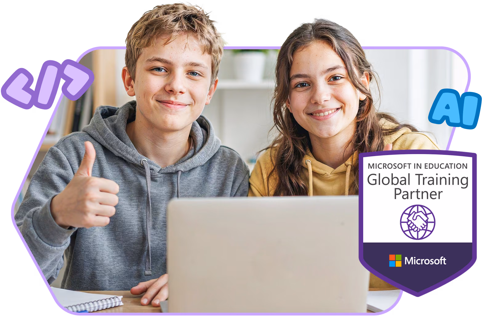Two teenagers sitting at a desk in front of a laptop, smiling at the camera, with one giving a thumbs-up sign and code and AI symbols around them, alongside a Microsoft in Education Global Training Partner badge.