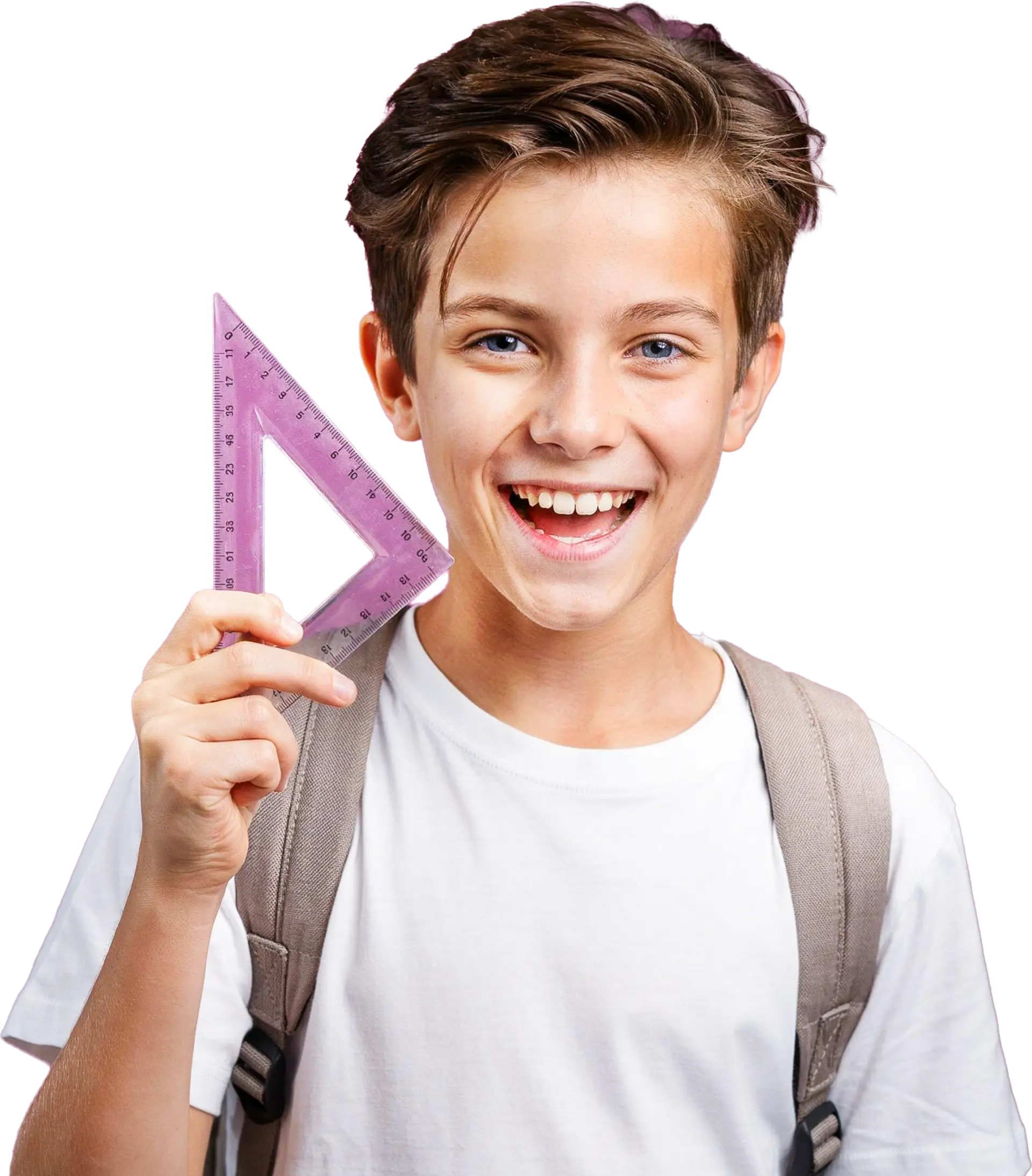Smiling teenage boy holding a purple triangular ruler, wearing a white t-shirt and grey backpack.