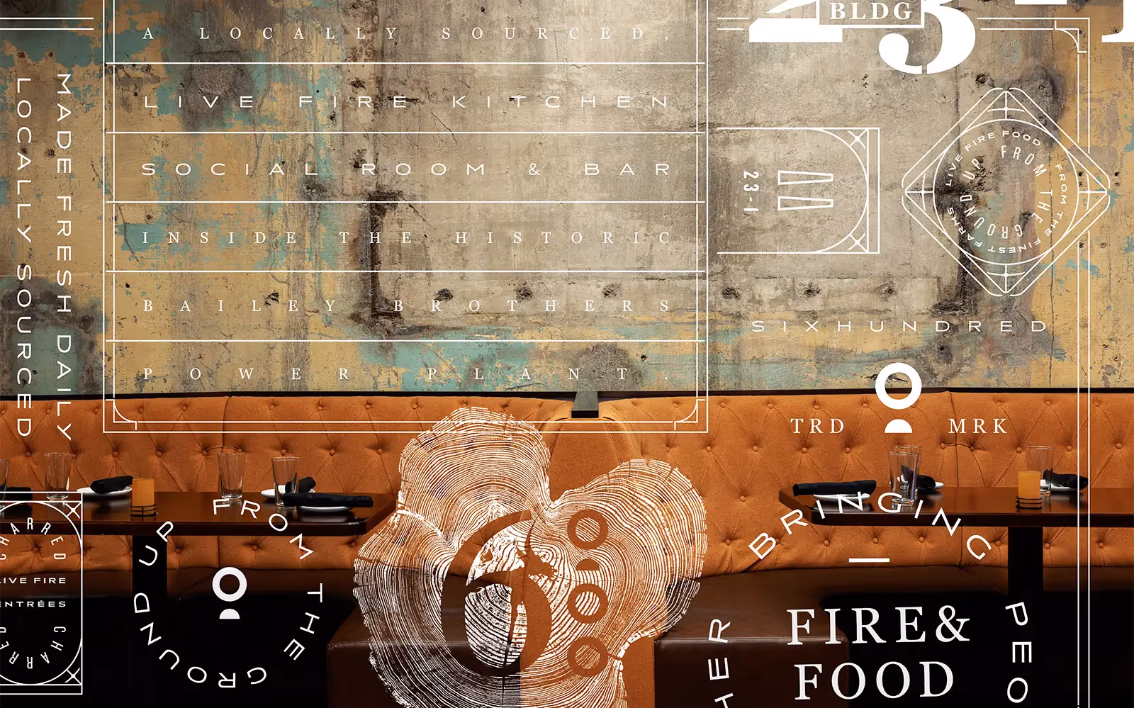 Moodboard featuring the logos and branding elements of an upscale wood fired grill and kitchen.