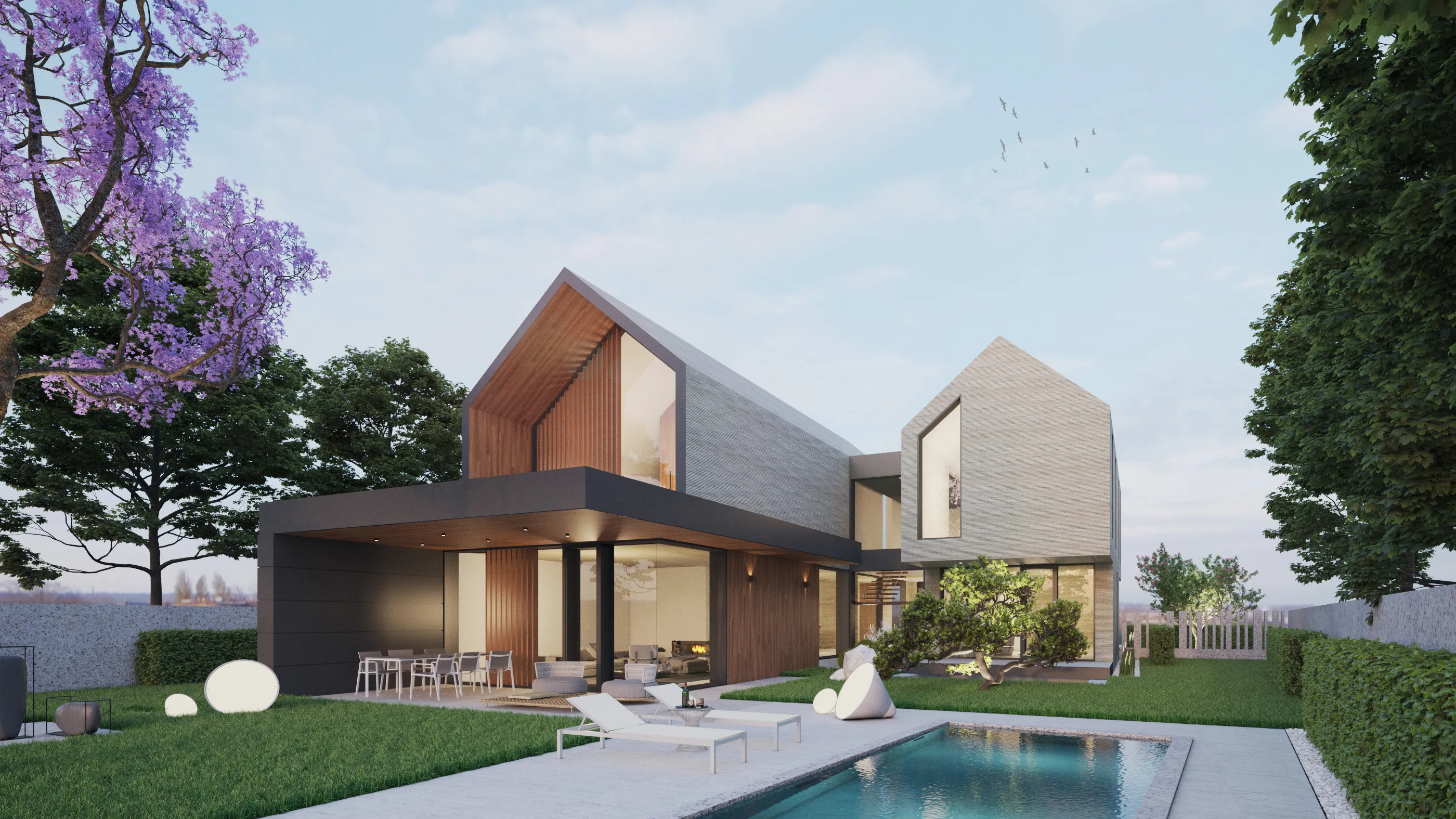 Contemporary residential architecture of AAVM house designed by Studio Mosh, featuring sharp angles, a mix of wood and concrete materials, landscaped garden, and a private swimming pool — modern villa living.