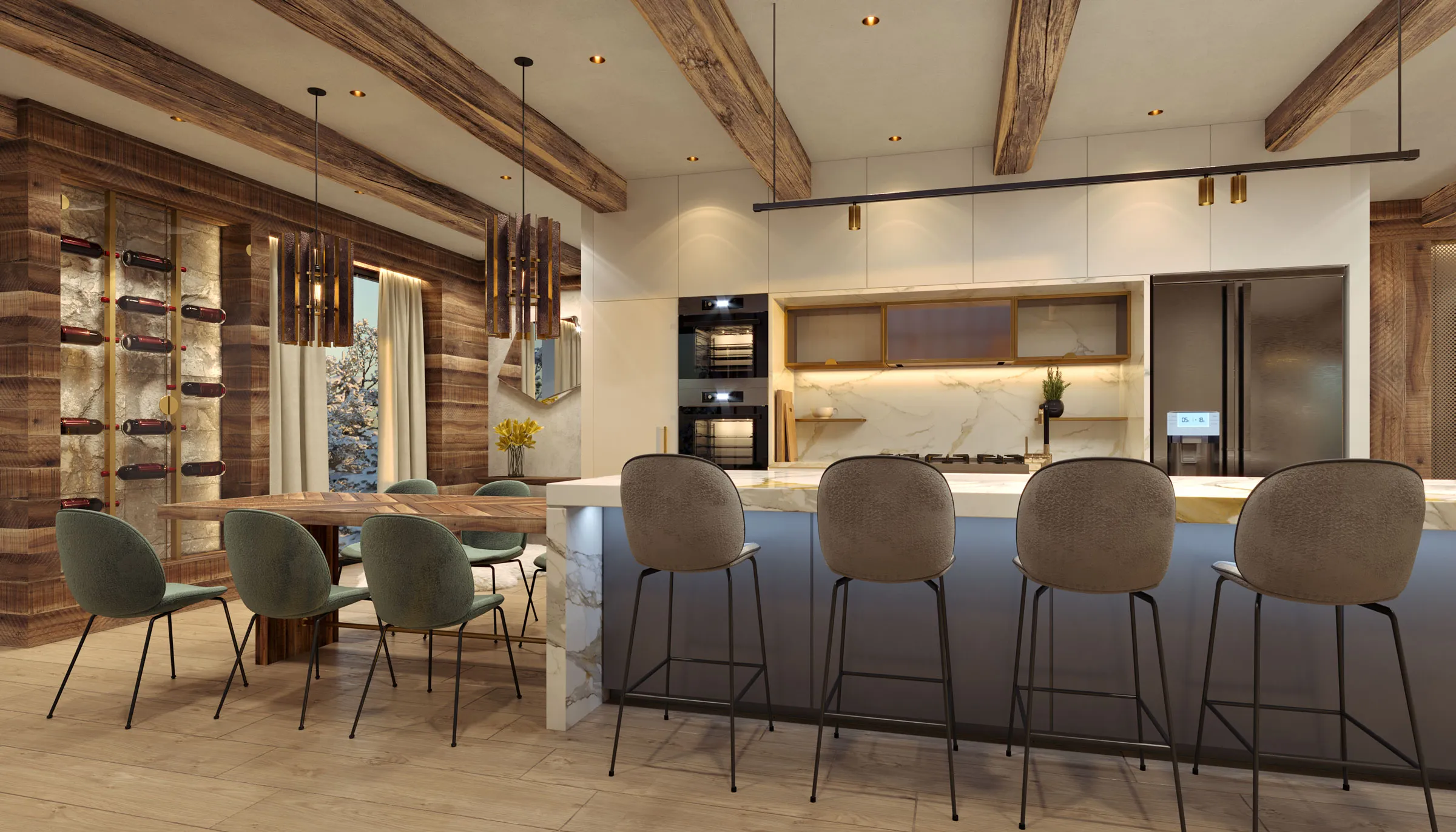 Sophisticated dining and kitchen space in a contemporary chalet interior by Studio Mosh, featuring pendant lighting, velvet dining chairs, a marble breakfast bar, and a floor-to-ceiling wine display — refined alpine living at its best.