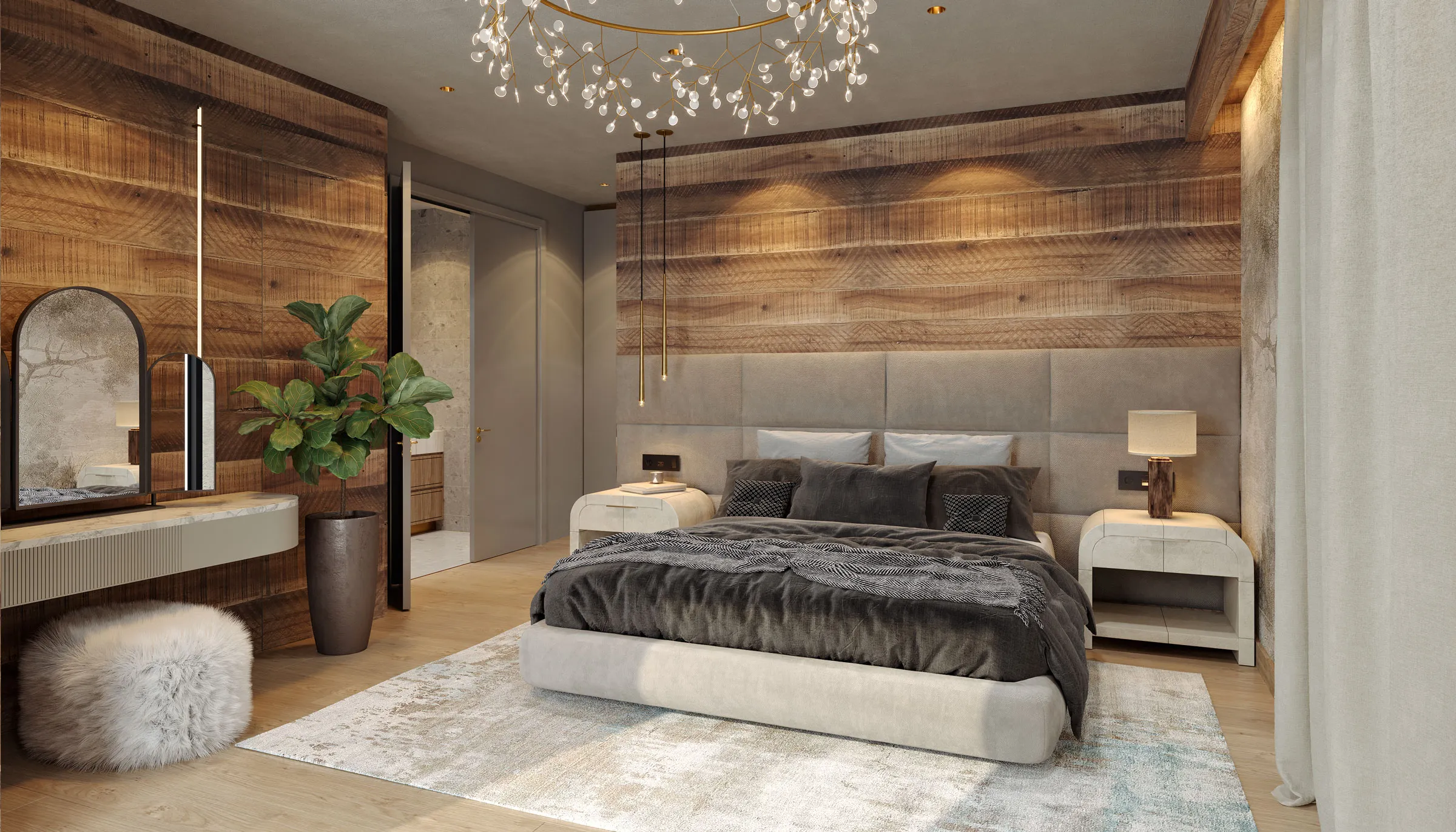 Modern rustic bedroom design in a luxury chalet by Studio Mosh, with wood-clad walls, upholstered headboard, layered bedding, and pendant lighting — elegant mountain retreat design with warm textures and soft lighting.