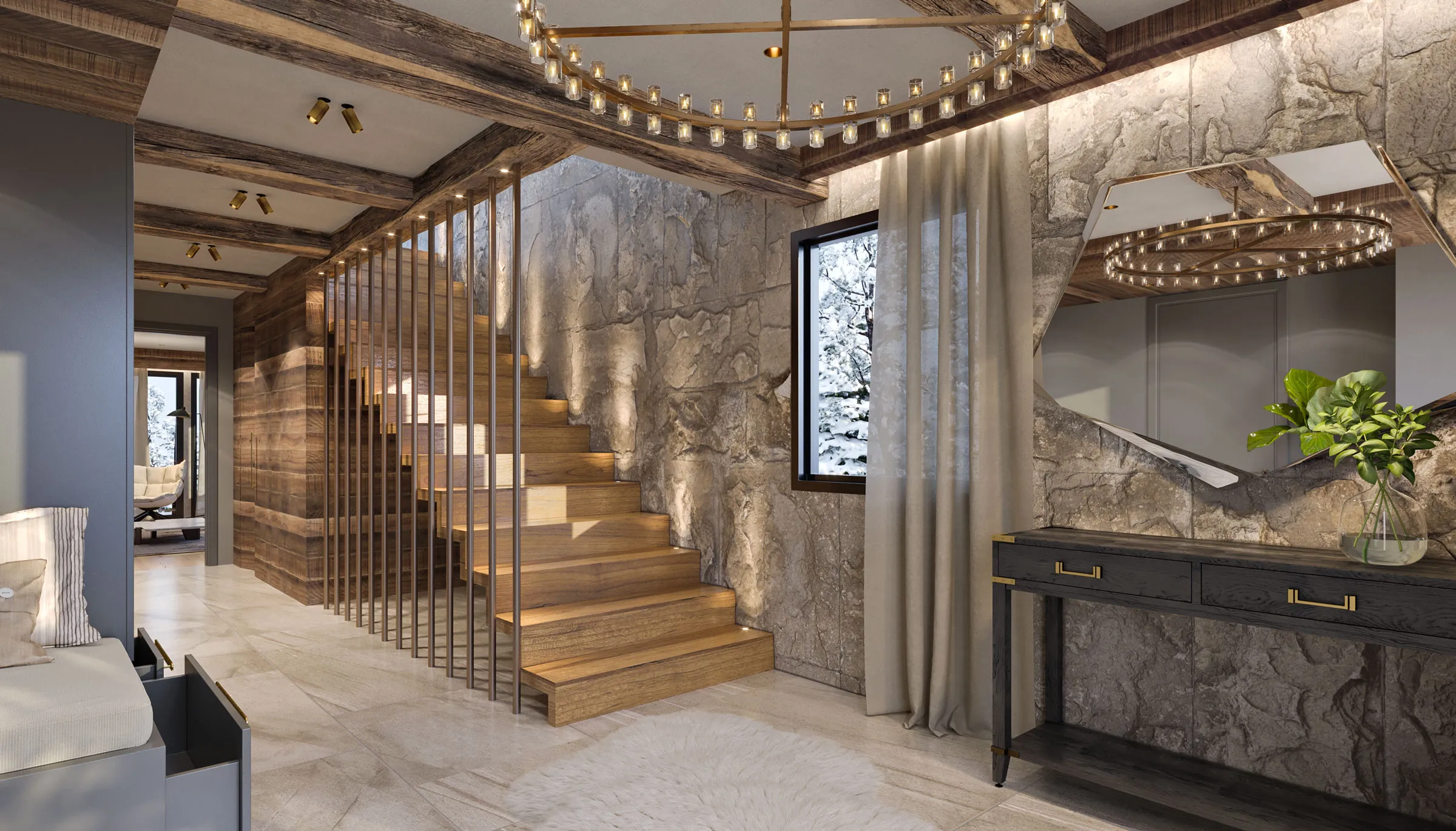 Dramatic entrance hallway and floating staircase in a mountain chalet by Studio Mosh, with backlit natural stone walls, a large circular chandelier, and architectural wood accents — a bold fusion of luxury and rustic interior design.
