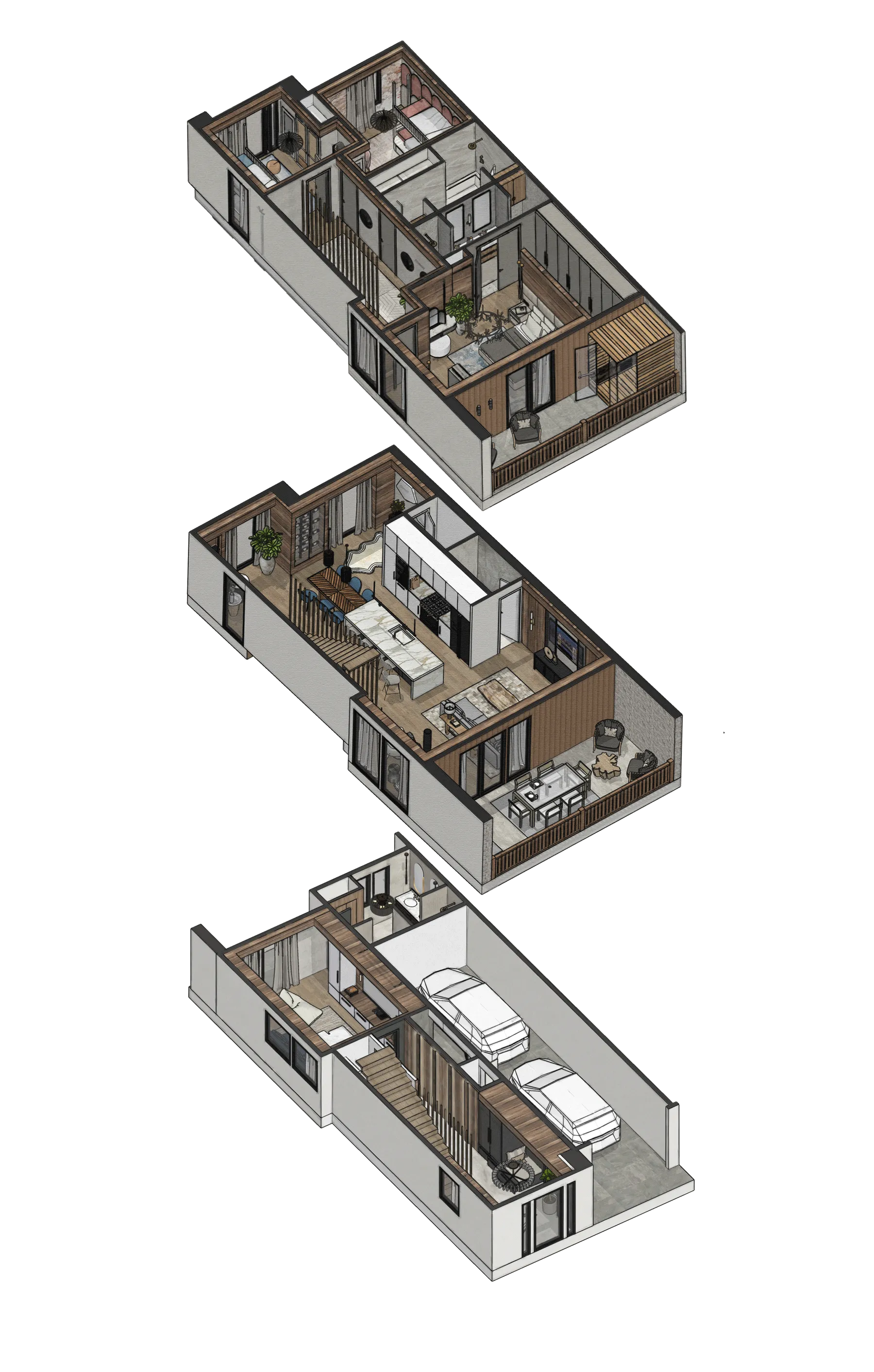 Architectural 3D visualization of a multi-level chalet design by Studio Mosh, showcasing a detailed axonometric breakdown of interior spaces including bedrooms, kitchen, garage, and living areas — precision in architectural presentation.