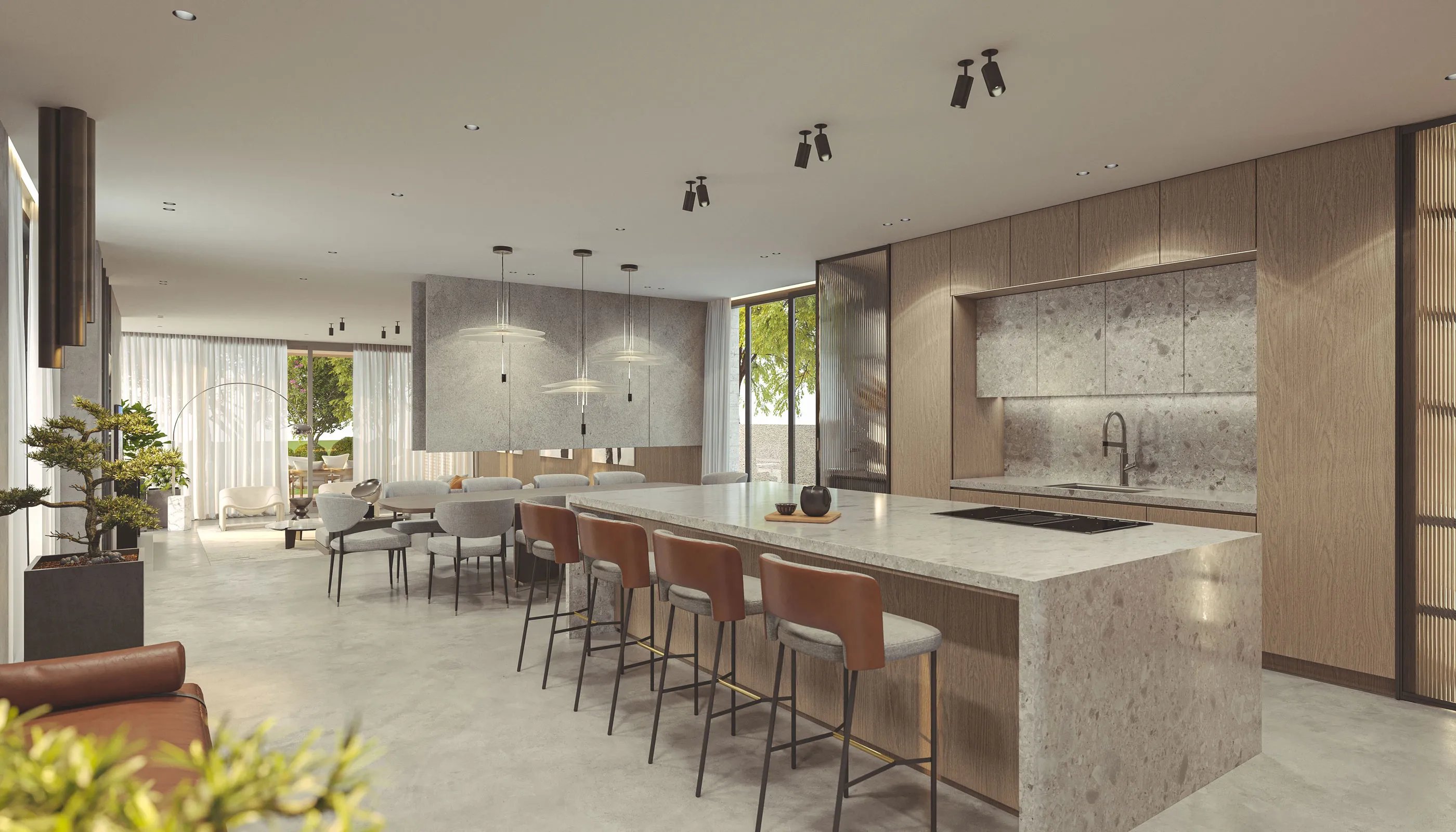 Spacious open-plan kitchen and dining area with natural stone countertops, wooden cabinetry, pendant lighting, and modern interior design featuring neutral tones and large windows.