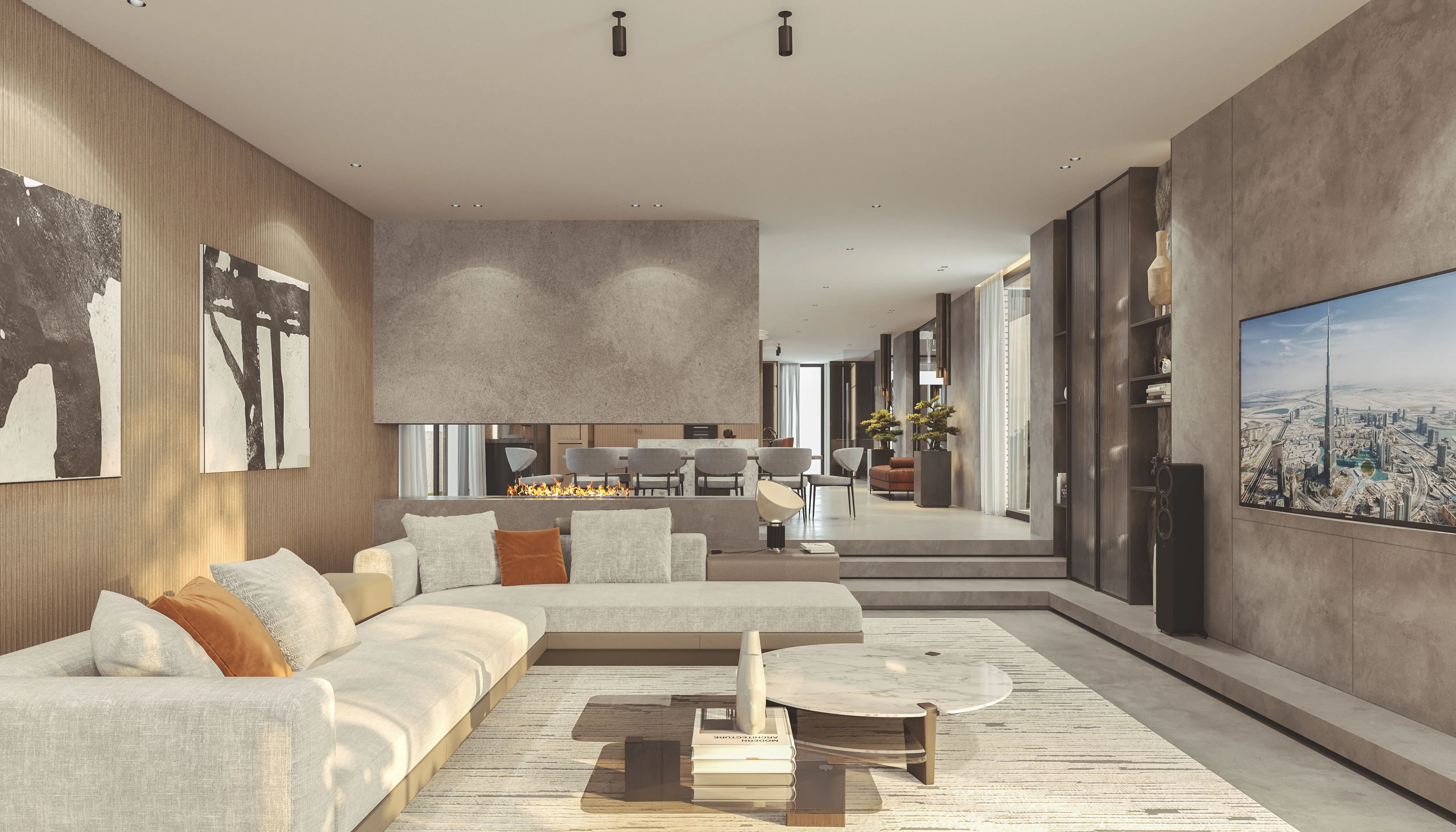 Elegant living room with L-shaped beige sofa, minimalist decor, large wall-mounted TV, and floor-to-ceiling windows offering natural light and modern comfort.