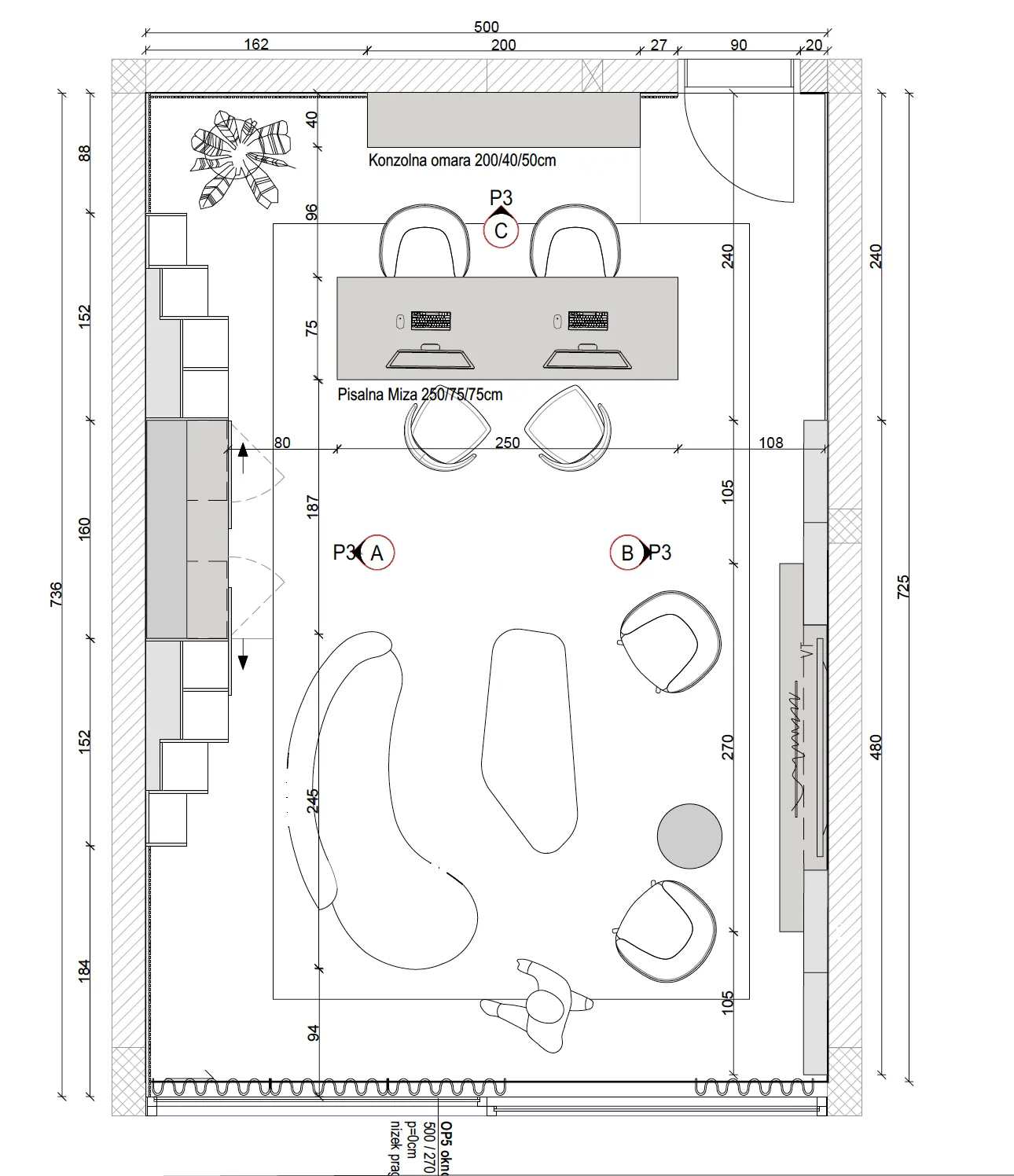 Architectural floor plan of a contemporary office and lounge space featuring workstation layout, custom furniture dimensions, and room measurements.