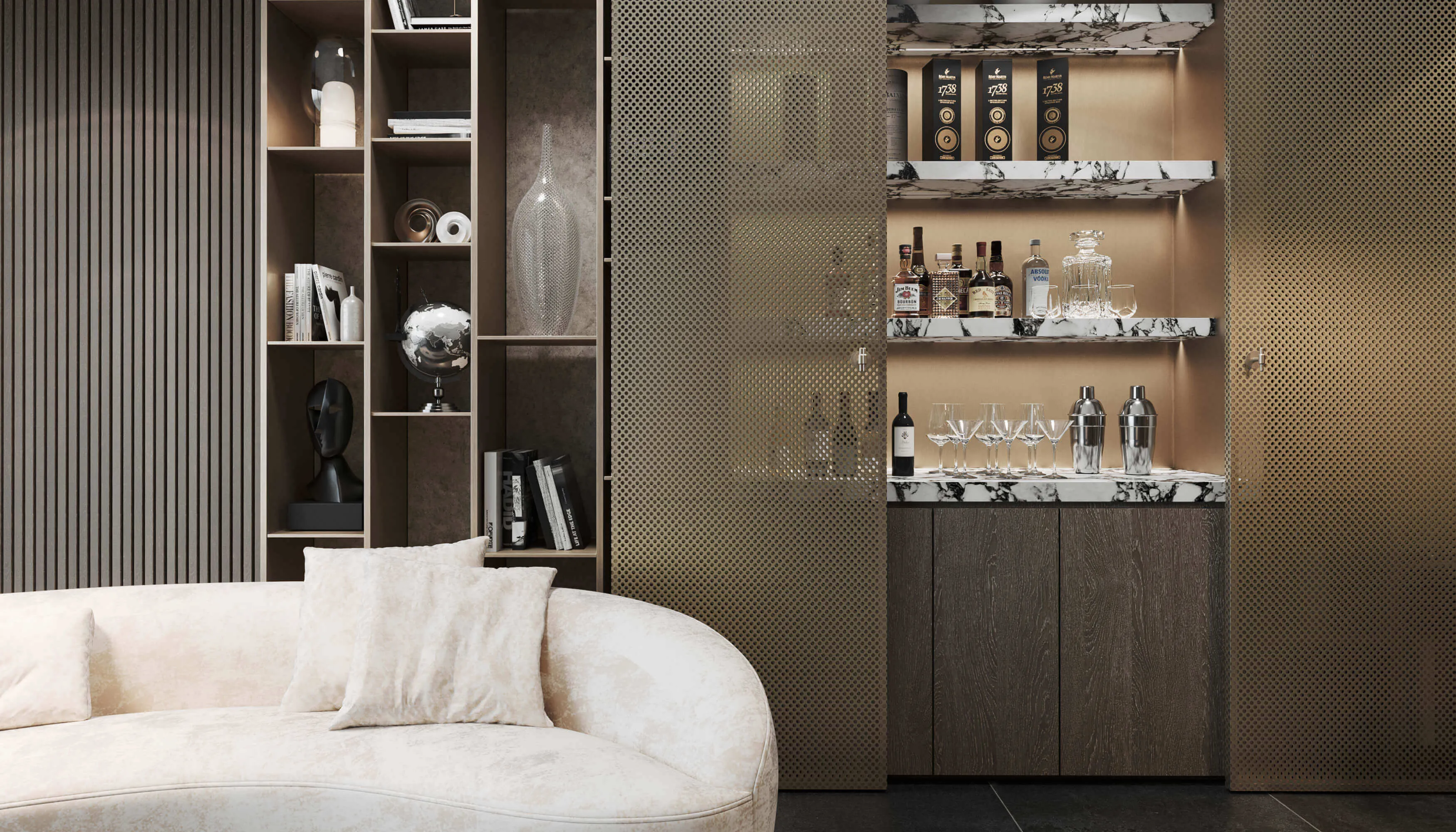 Built-in luxury home bar with marble shelves, gold mesh sliding doors, premium liquor collection, and backlit display in modern living space.
