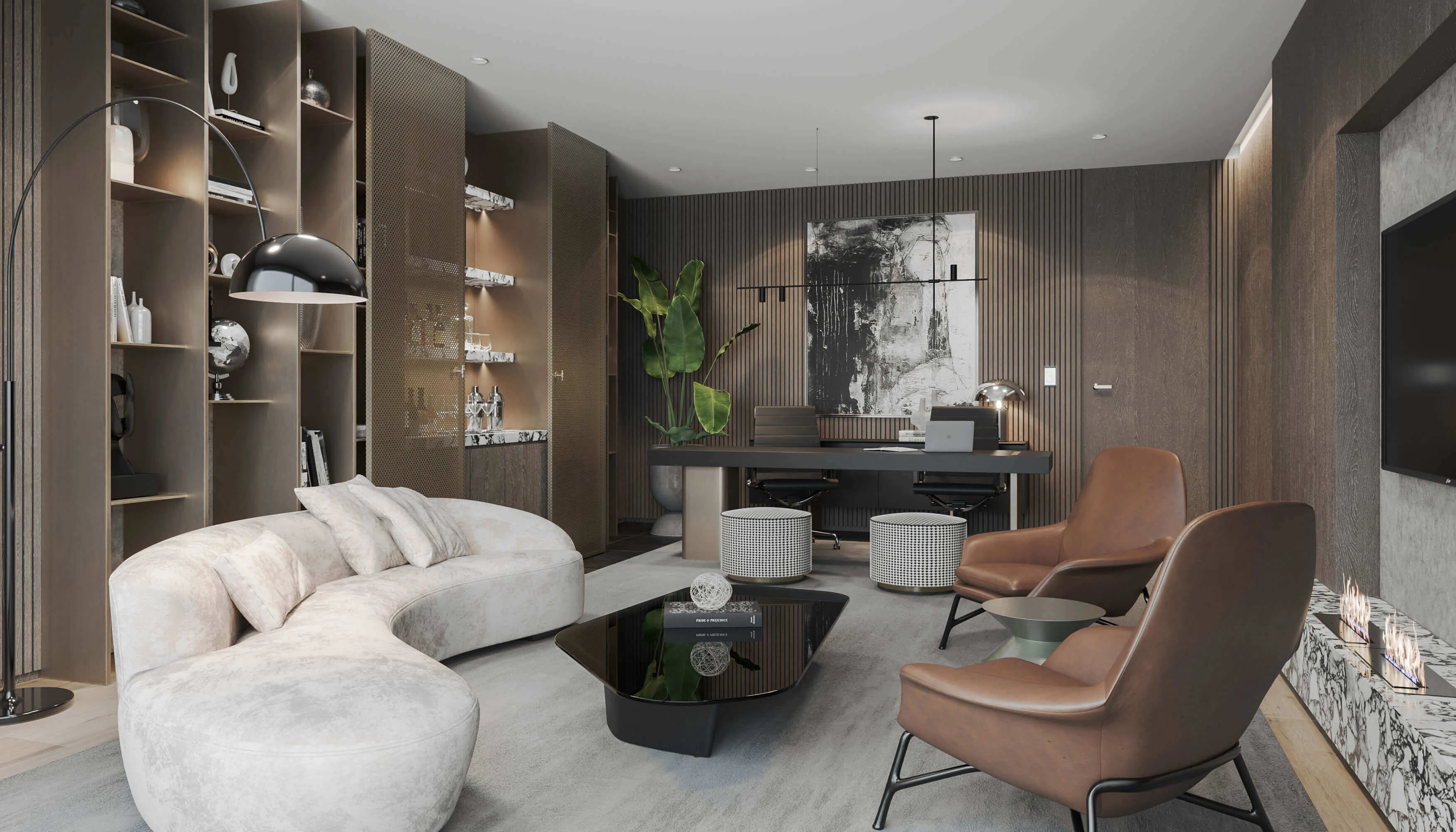 Modern luxury home office interior with curved white sofa, dark wood paneling, statement artwork, and designer lighting – elegant contemporary workspace design.
