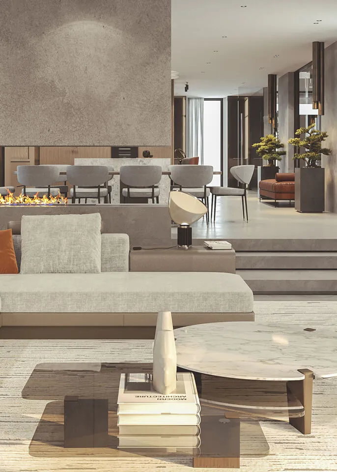 Close-up of a cozy modern living space with neutral-toned furniture, marble coffee table, fireplace divider, and refined interior styling perfect for luxury homes.