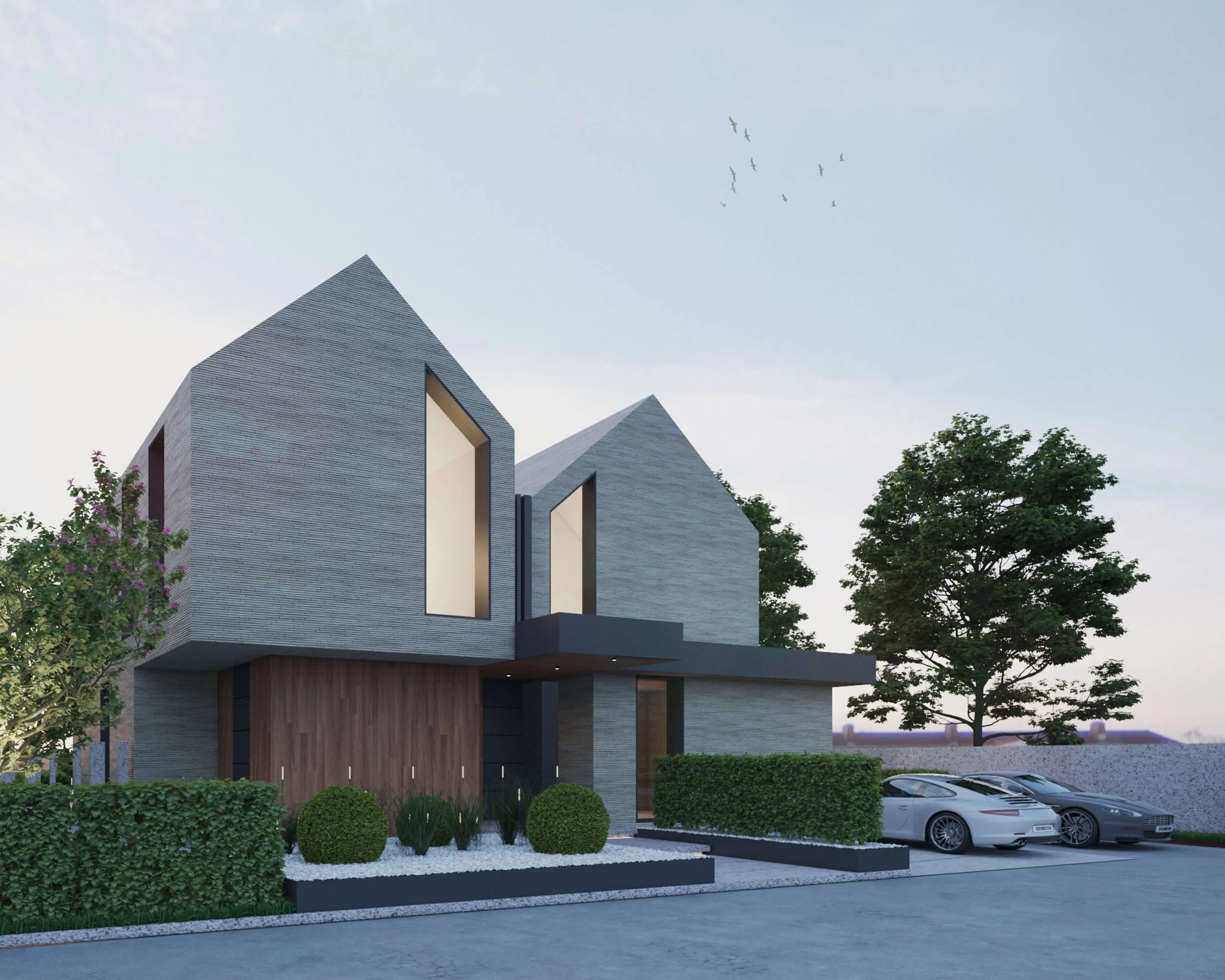 Luxury villa architecture in AAVM house project by Studio Mosh, with angular rooflines, a mix of natural materials, large windows, and a backyard swimming pool — designed for high-end modern living.