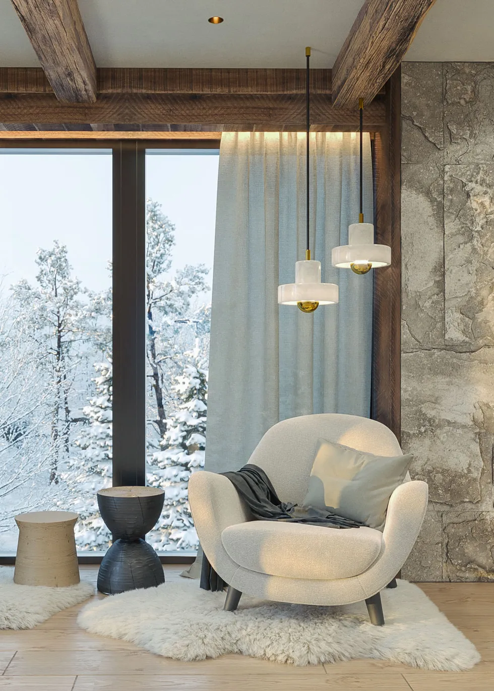 Cozy reading corner in a high-end chalet interior by Studio Mosh, featuring a boucle armchair, layered rugs, sculptural side tables, and panoramic views of a snowy forest landscape — serene winter retreat design.