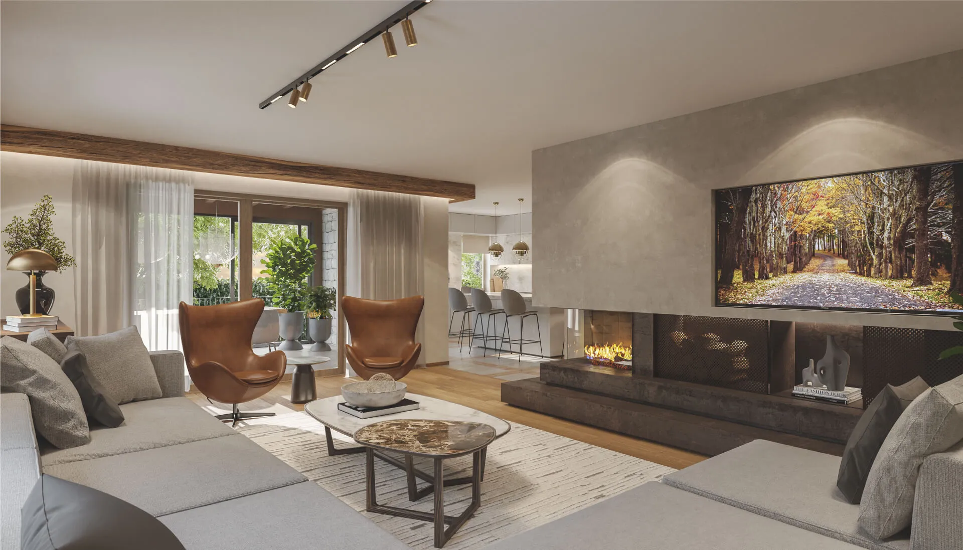 Inviting living room interior in Alpine House KG by Studio Mosh, showcasing soft neutral tones, a modern fireplace, leather accent chairs, and panoramic windows — designed for comfortable alpine living.