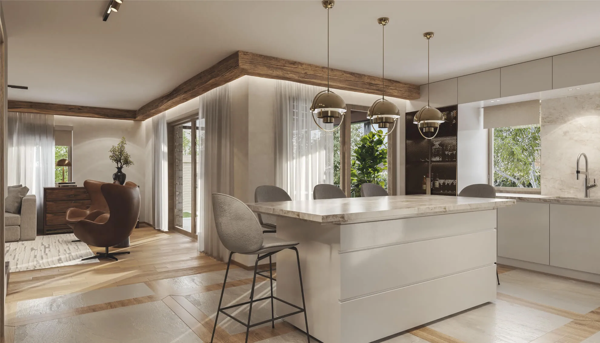 Contemporary open kitchen and dining area with a central marble island, gold pendant lighting, soft wood flooring, and floor-to-ceiling windows letting in natural light.