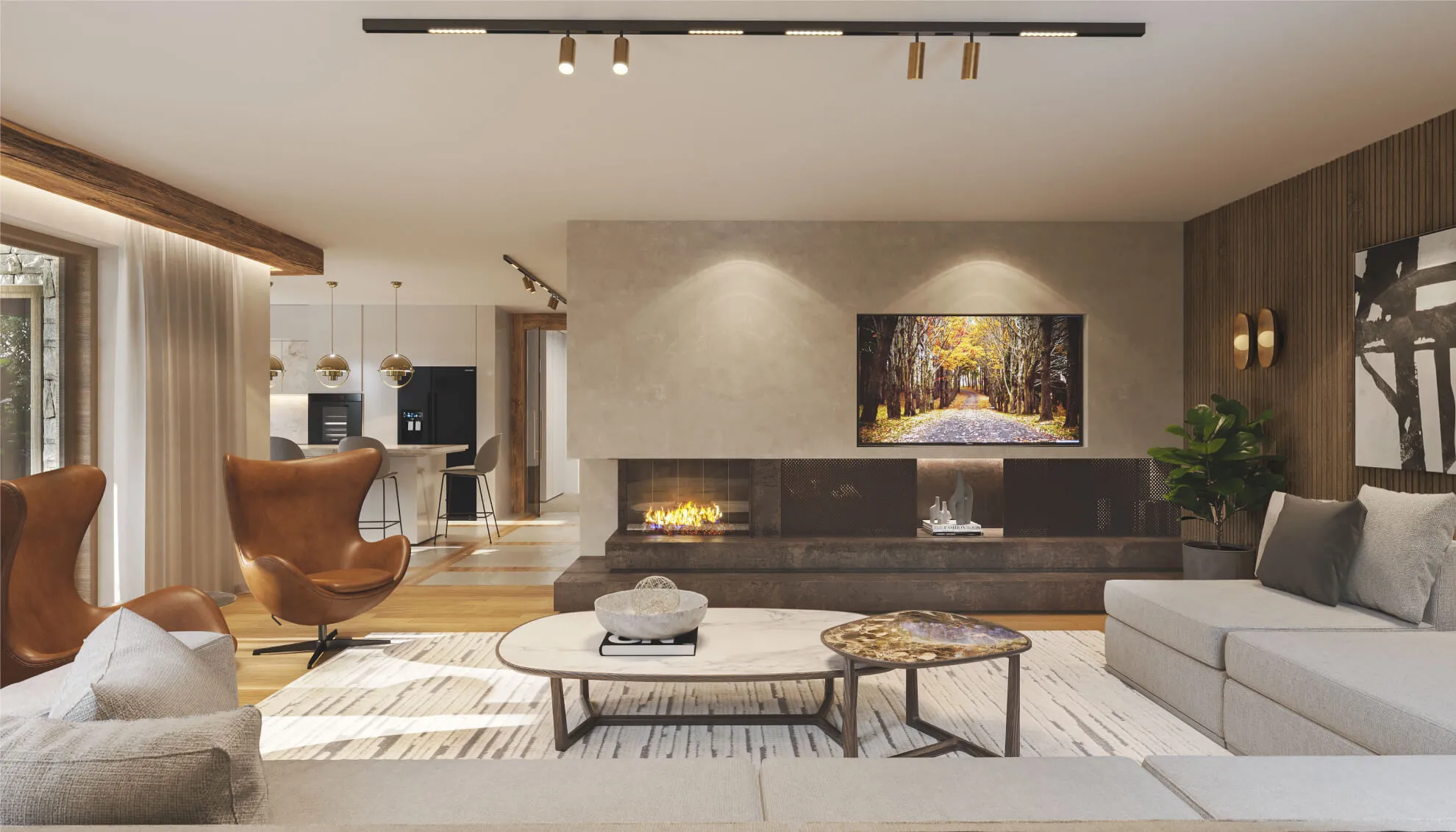 Stylish open-plan living room with designer furniture, TV wall with built-in fireplace, and view into modern kitchen and dining space featuring pendant lights and wooden details.