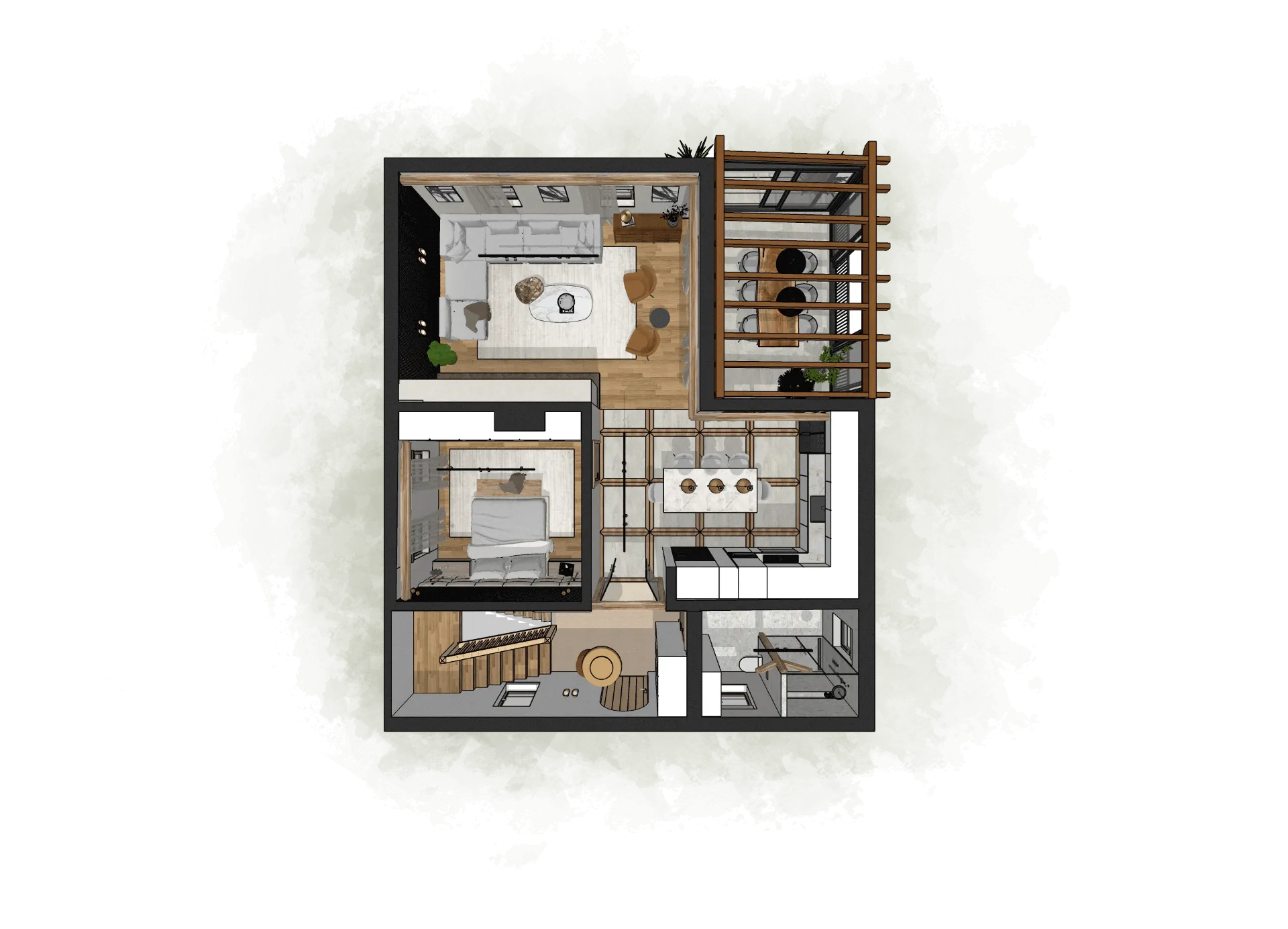 3D floor plan of a modern home showcasing living room, dining area with pergola, kitchen, bathroom, and bedroom layouts with interior furnishing and open-space flow.