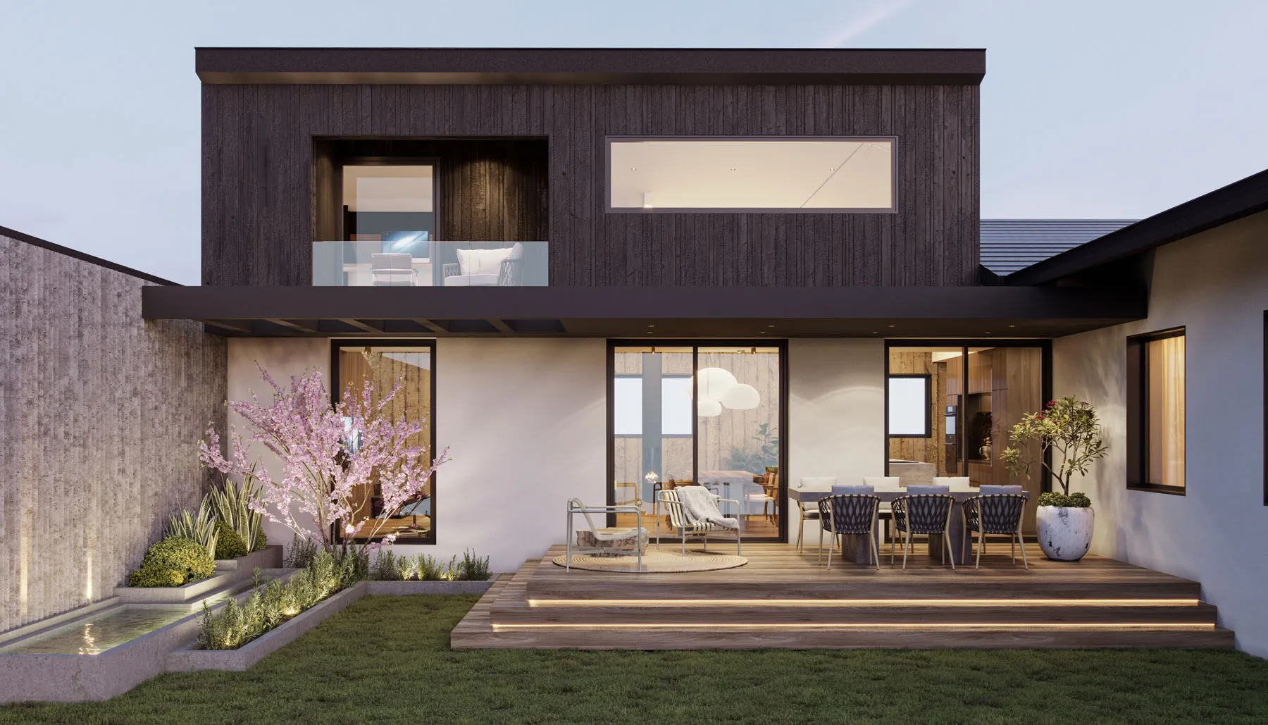 Modern home exterior of House D by Studio Mosh, featuring wood paneling, symmetrical windows, a stylish outdoor deck, and landscaping — contemporary residential architecture with an emphasis on geometry.