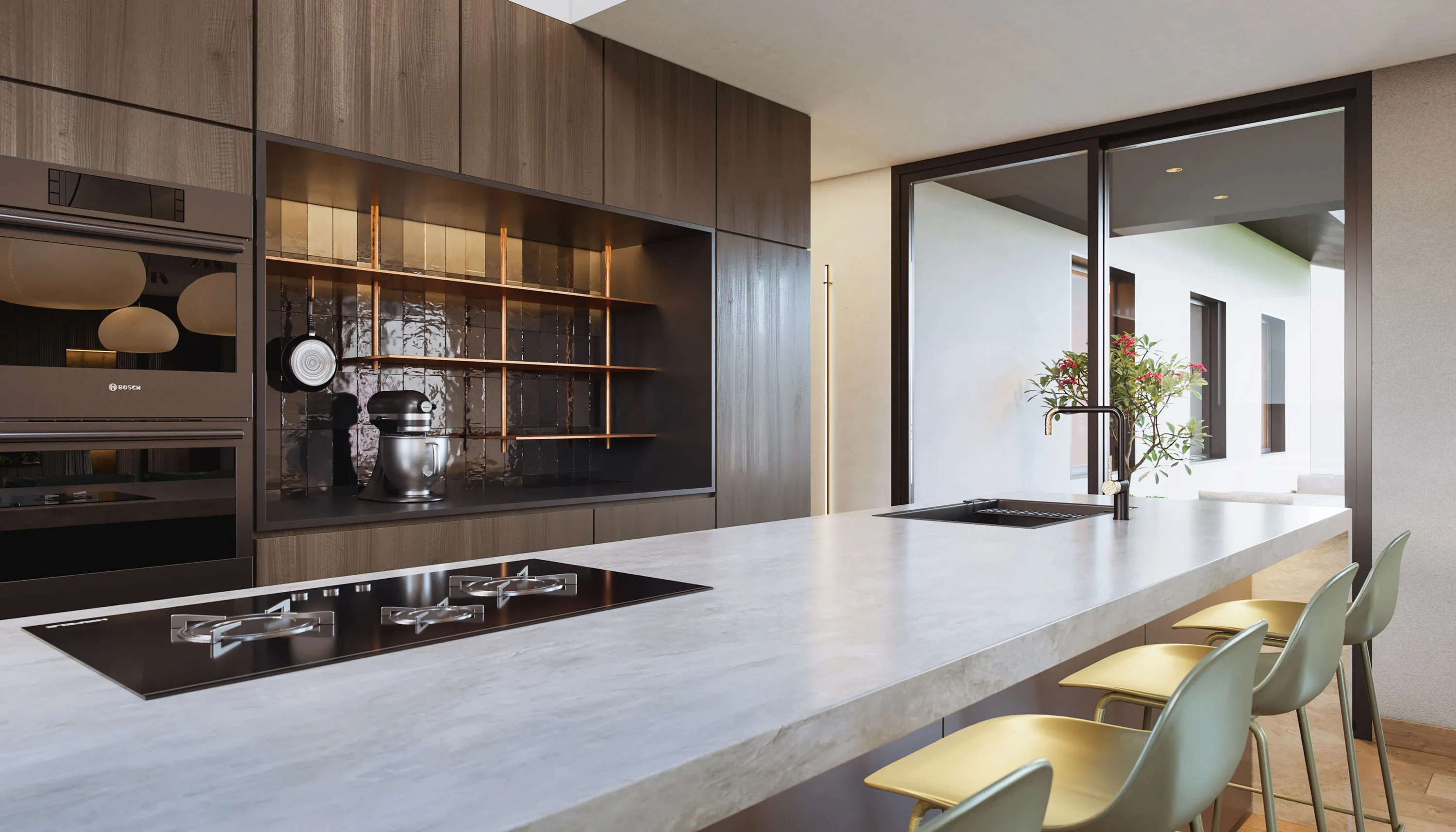 Modern kitchen design with dark wood cabinets, marble countertop island, and built-in appliances – minimalist kitchen inspiration