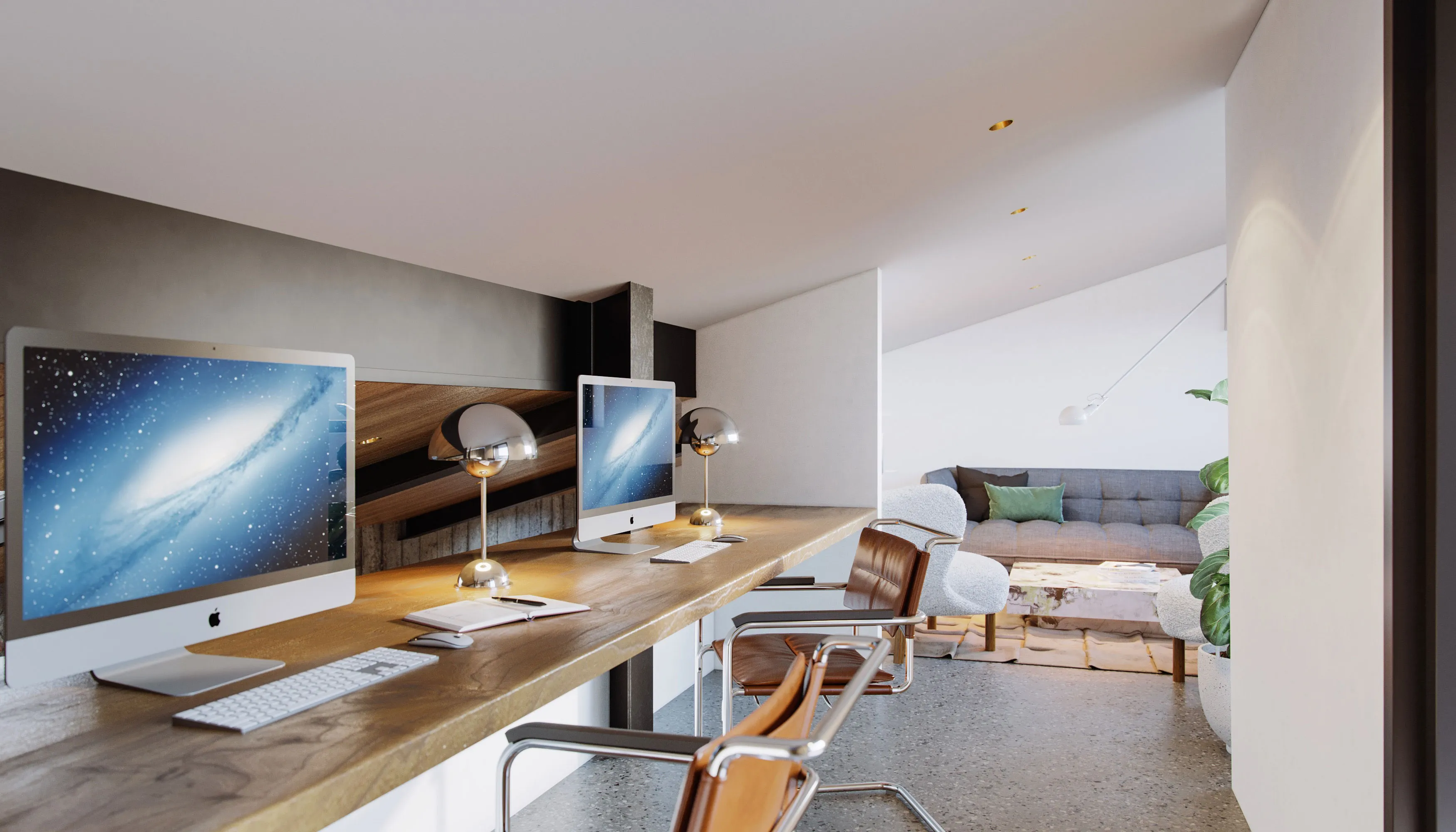 Creative loft home office with long wooden desk, two iMac computers, and cozy reading nook – modern workspace interior