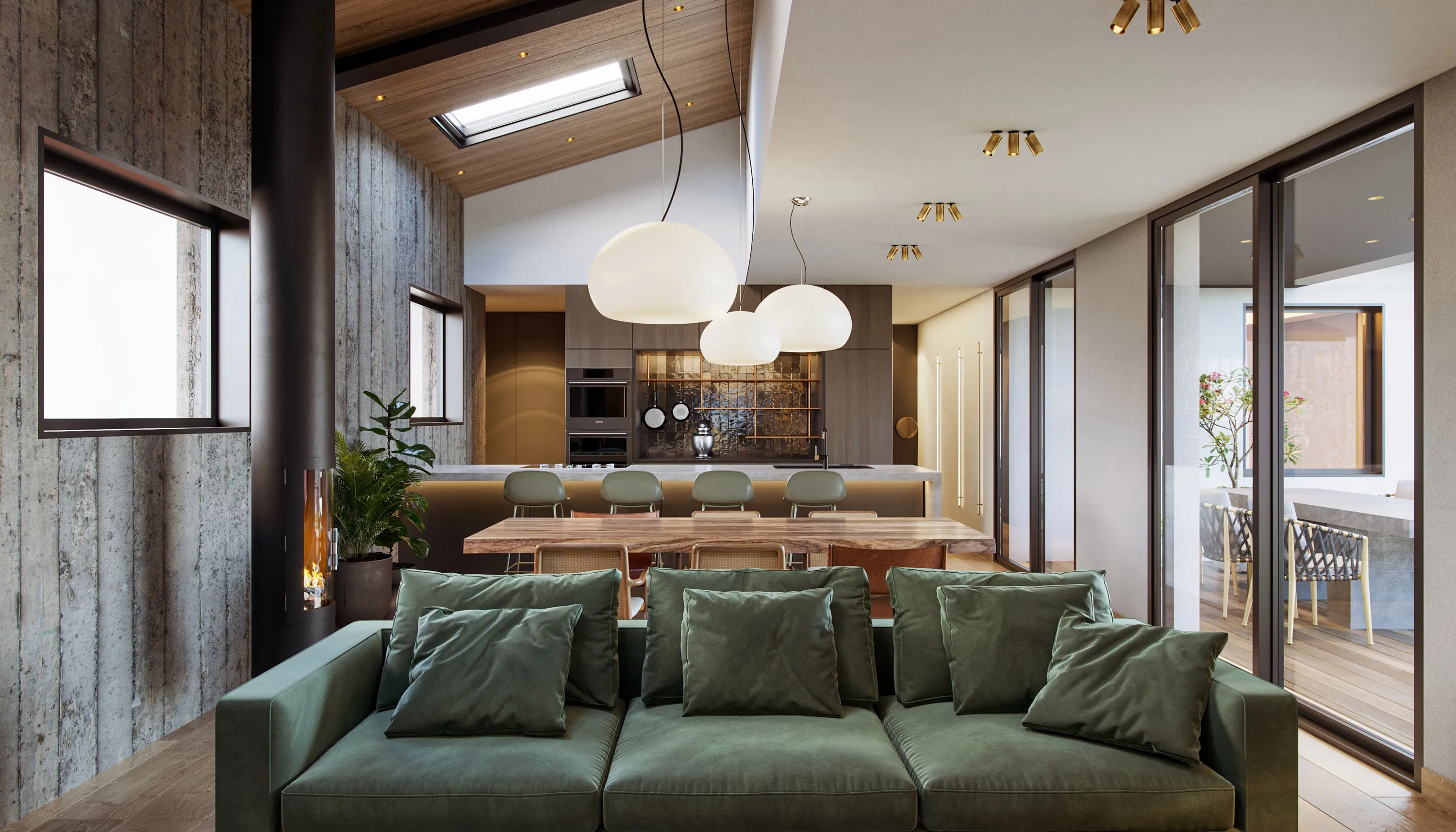 Open-plan living and dining area with green velvet sofa, wood dining table, and modern kitchen – luxury interior architecture