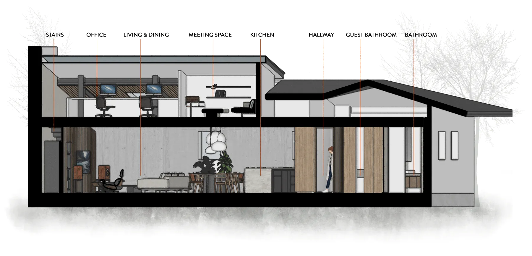 Architectural cross-section of a modern home showing layout of stairs, office, kitchen, and bathroom – residential floor plan diagram