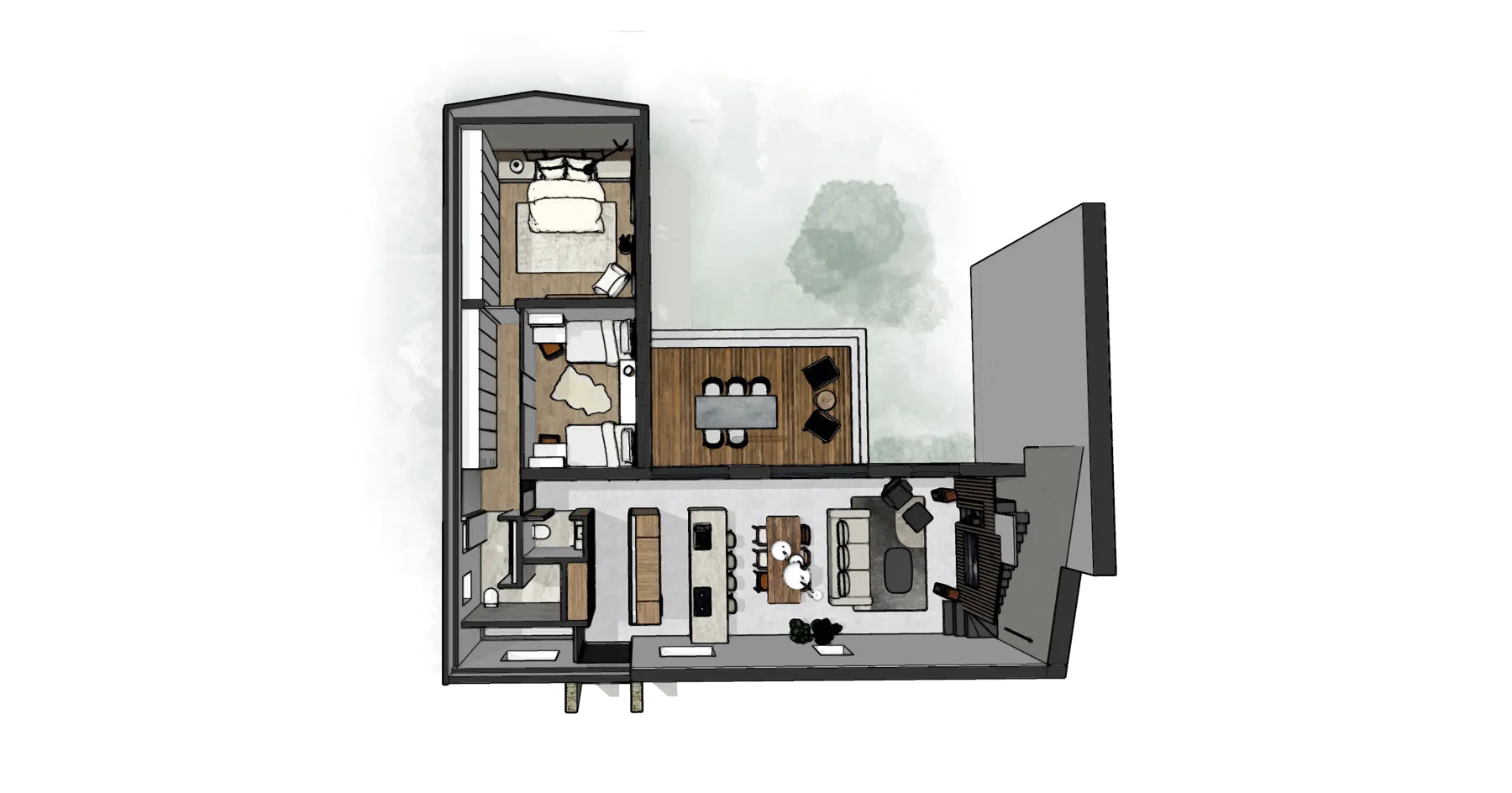 3D floor plan rendering of residential home layout including bedroom, living room, and outdoor patio – architectural visualization