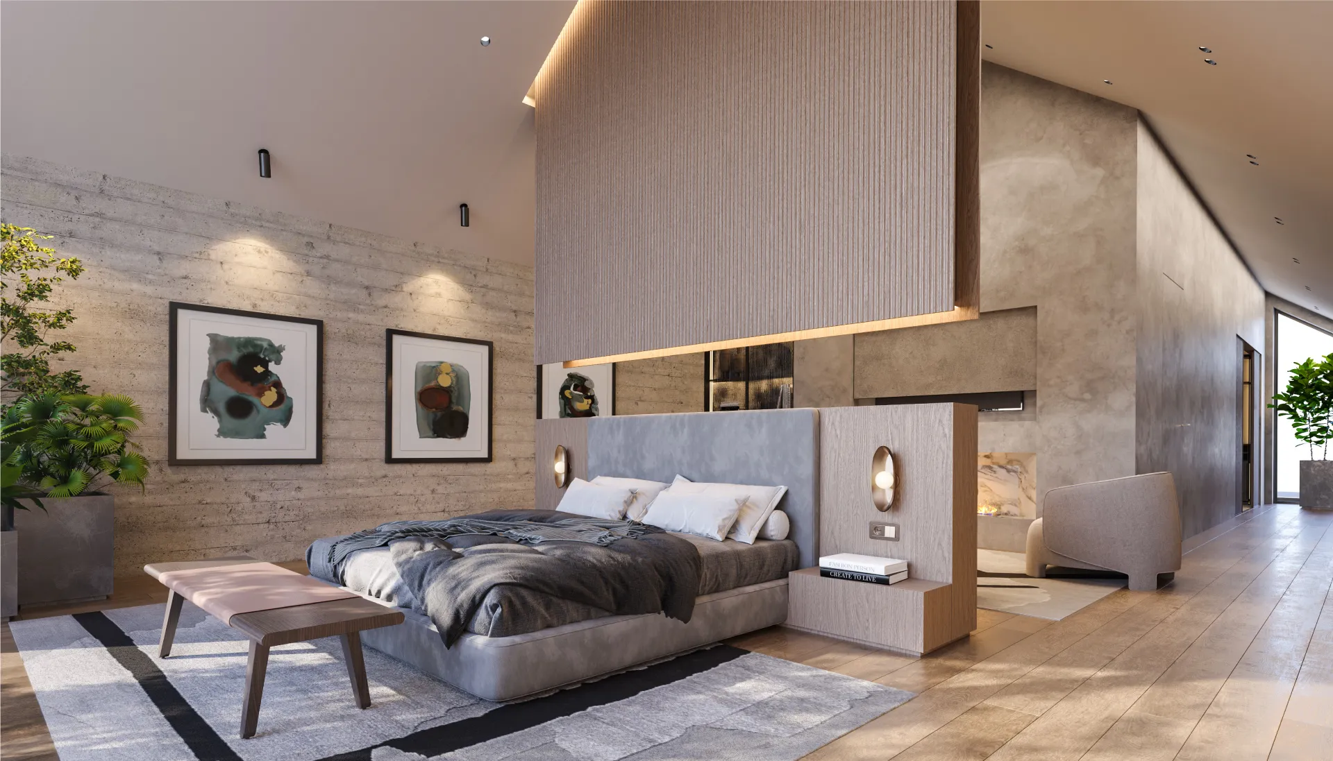 Contemporary bedroom interior with a platform bed, floating headboard divider, modern lighting accents, textured concrete wall, and stylish wall art for a luxurious retreat.