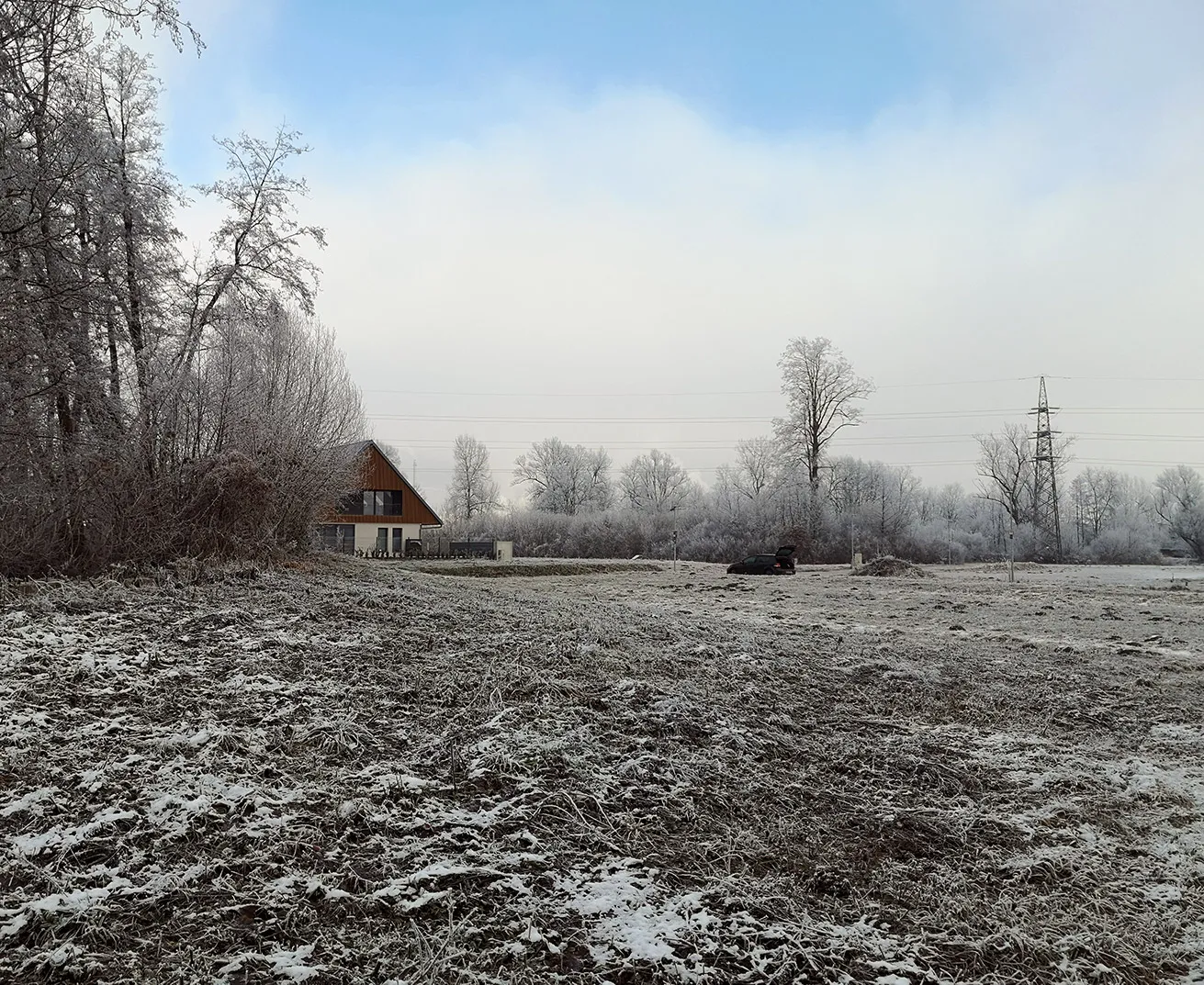 Winter landscape of a rural plot with frosted grass and trees, ideal for future residential or architectural development projects