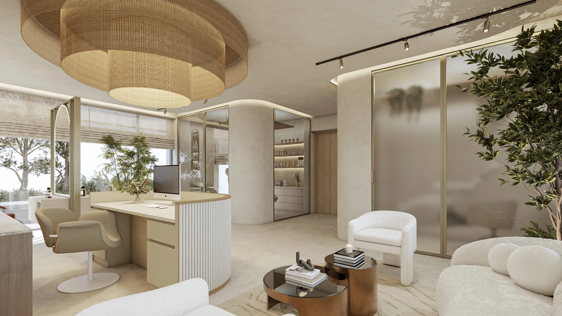 Elegant salon consultation zone with curved desk, layered woven ceiling fixture, frosted glass doors, and cozy seating