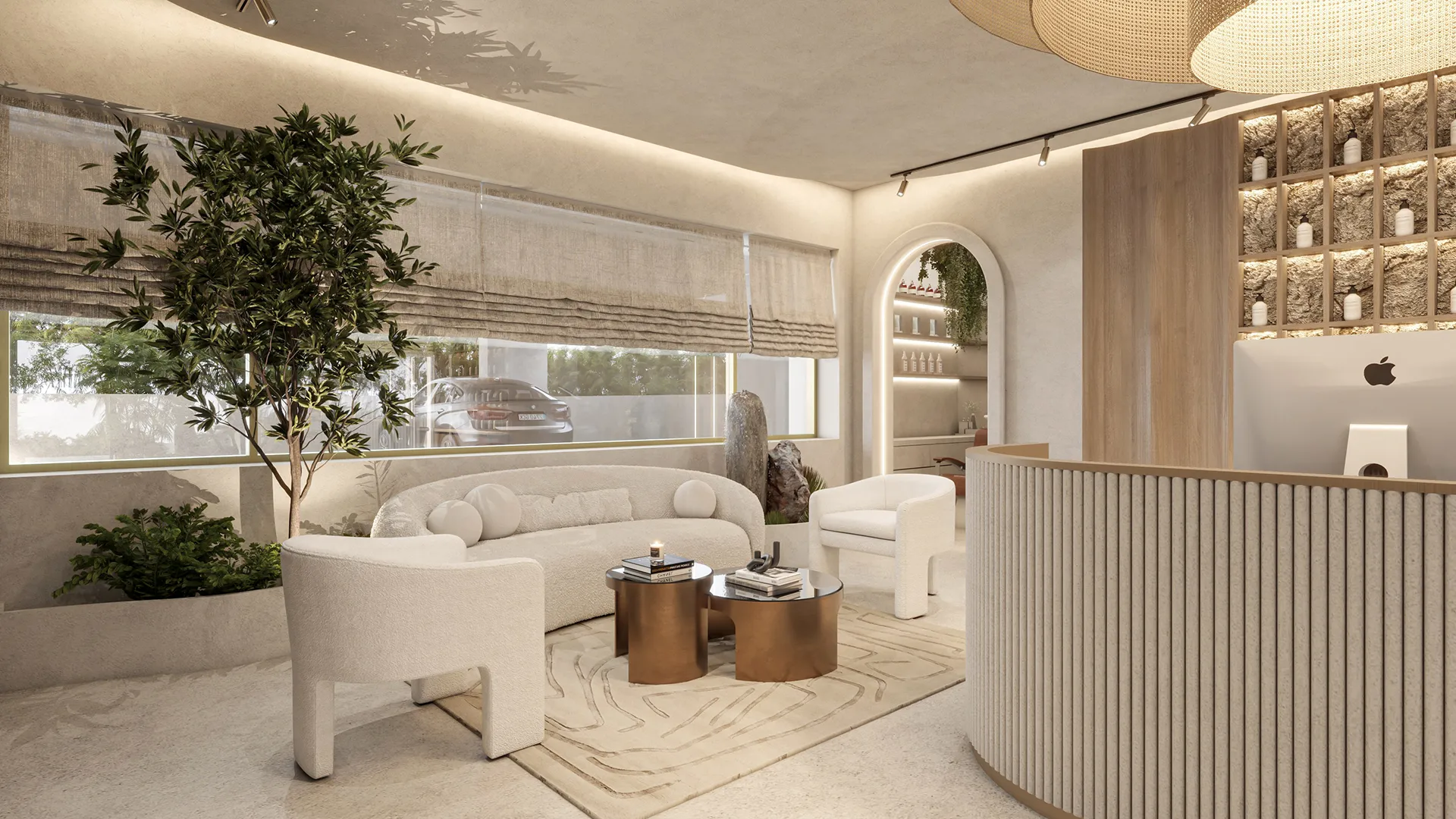 Contemporary salon waiting area with white boucle armchairs, rounded sofa, indoor plants, and earthy accents