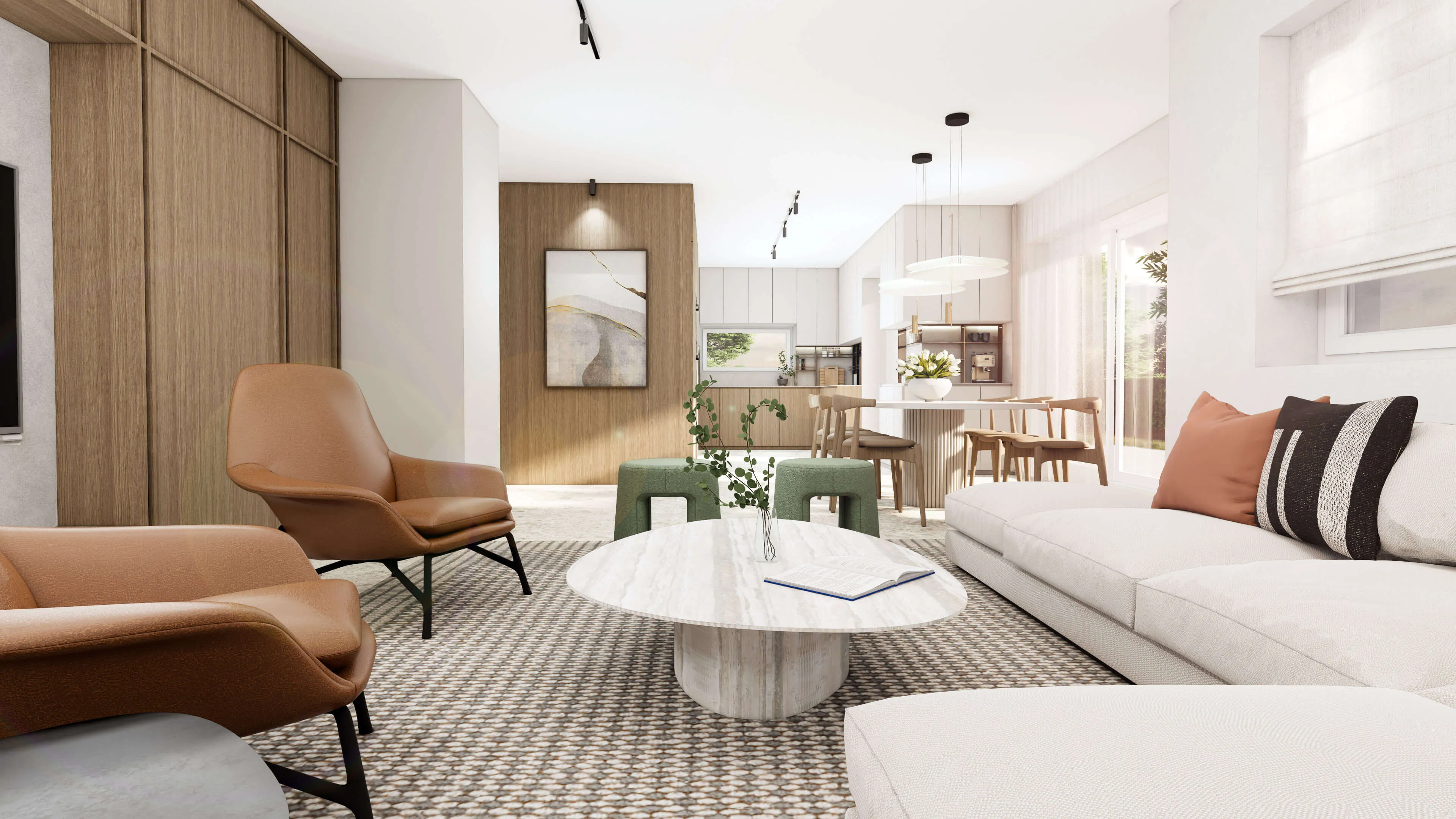 Render of a beautiful modern living area, dining and kitchen area. 