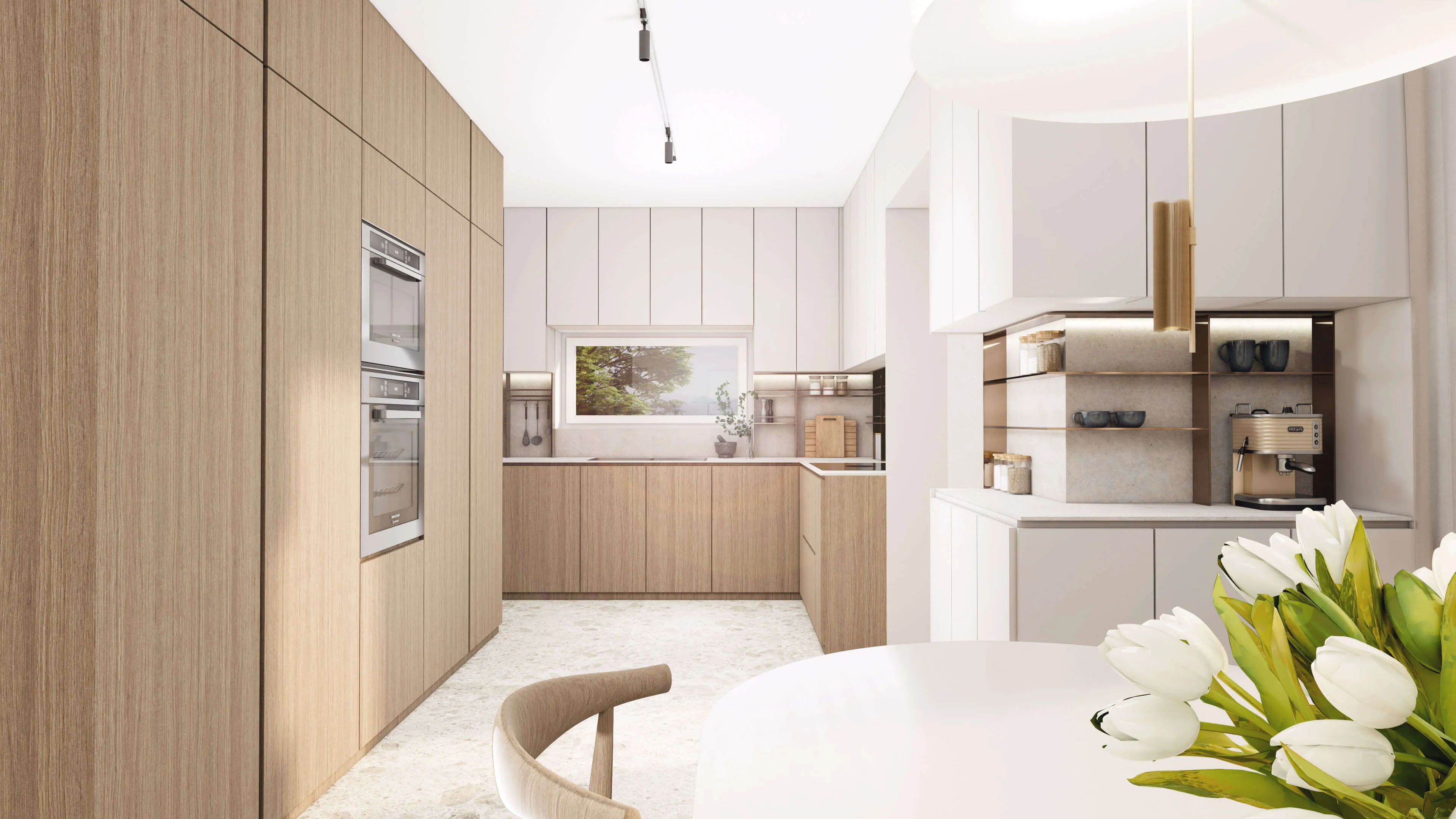 Spacious dining and kitchen area with wooden features