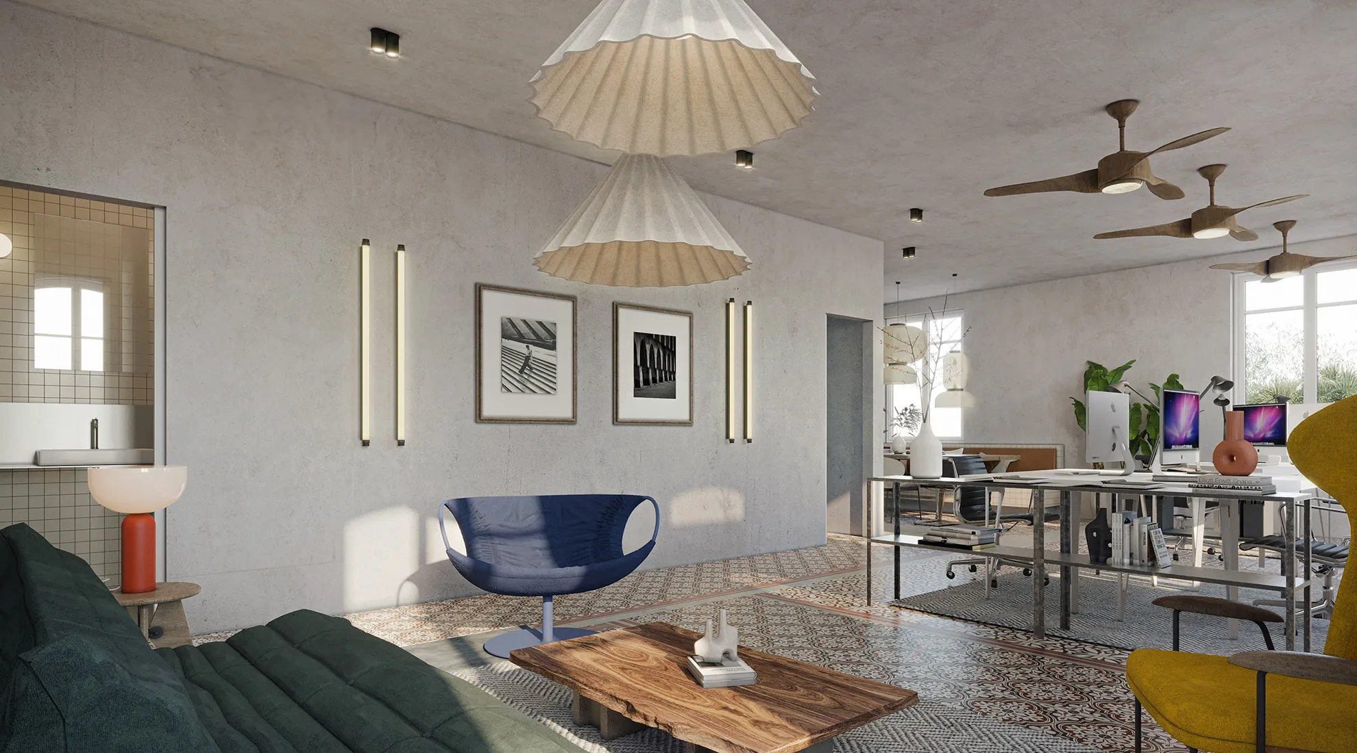 The inviting dining area at the Office Hub Victor et Simon creates a welcoming atmosphere with modern finishes, natural textures, and vibrant colors, fostering collaboration and comfort.