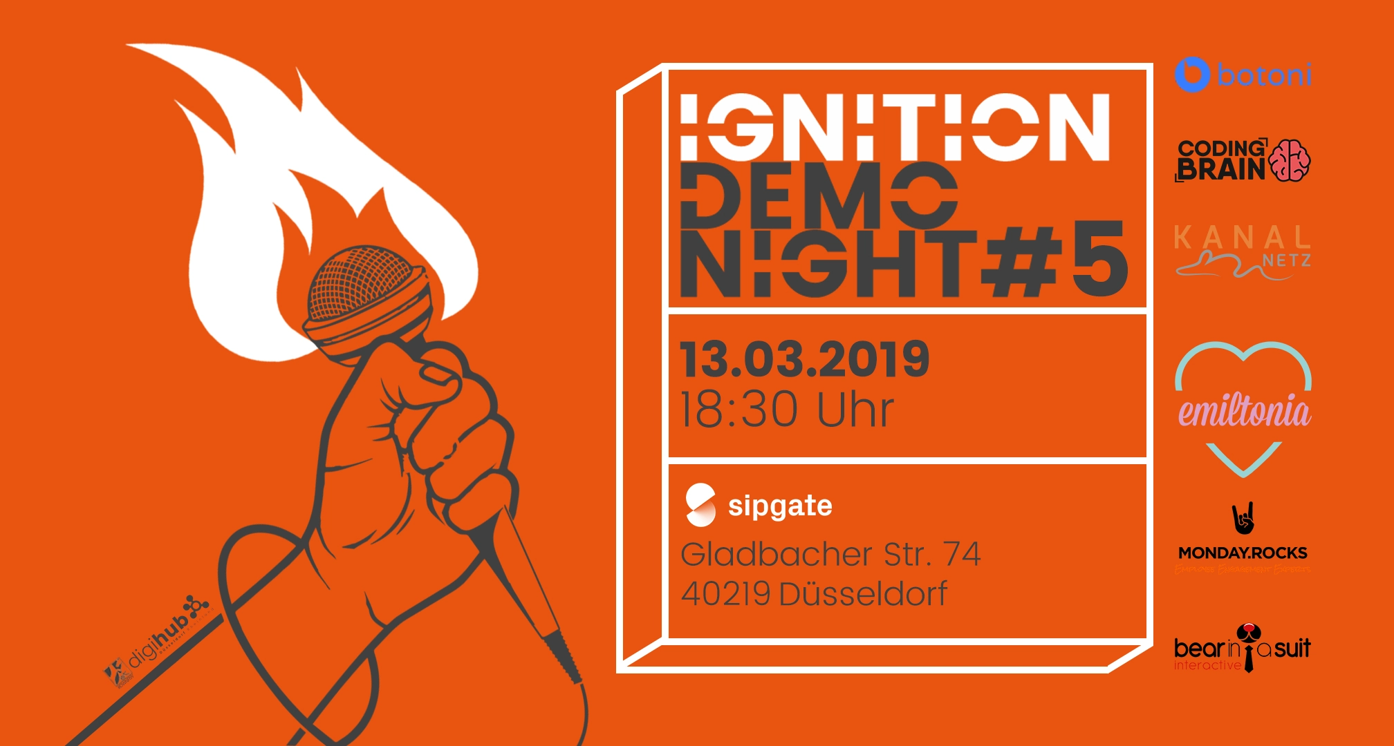 Illustration of a hand holding a flaming microphone with event details for Ignition Demo Night #5 on 13.03.2019 at 18:30 Uhr, Gladbacher Str. 74, 40219 Düsseldorf, with sponsor logos on orange background.